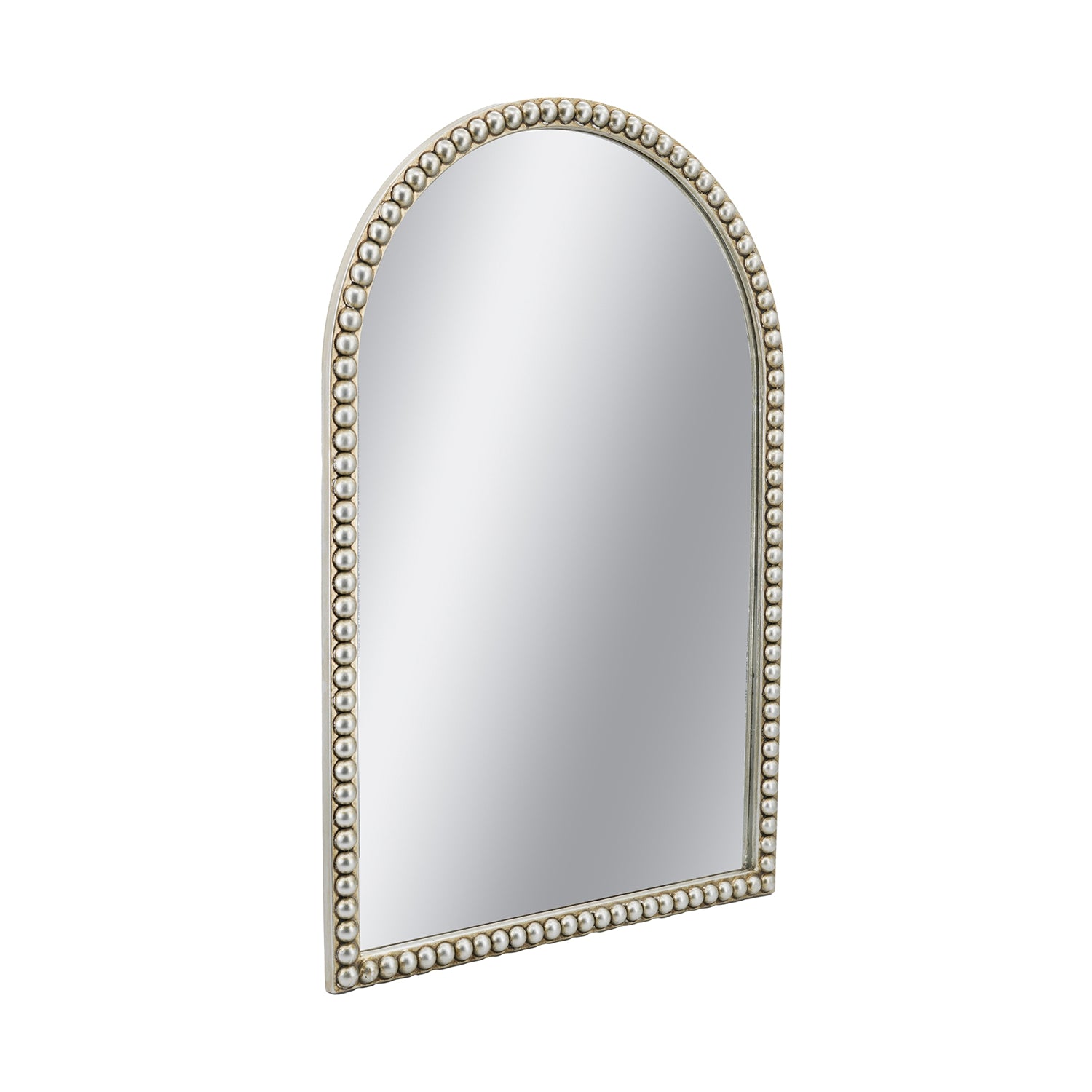 Champagne Gold Arched Wall Mirror with Pearl Beaded Trim, Cathedral-Style MDF Frame Decorative Mirror for Living Room, Bedroom & Entryway