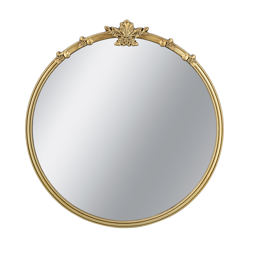 30 in. x 31 in. Antique Gold Round Wall Mirror with Decorative Leaf Crest, Rococo MDF Frame Accent Mirror for Living Room, Bedroom & Hallway