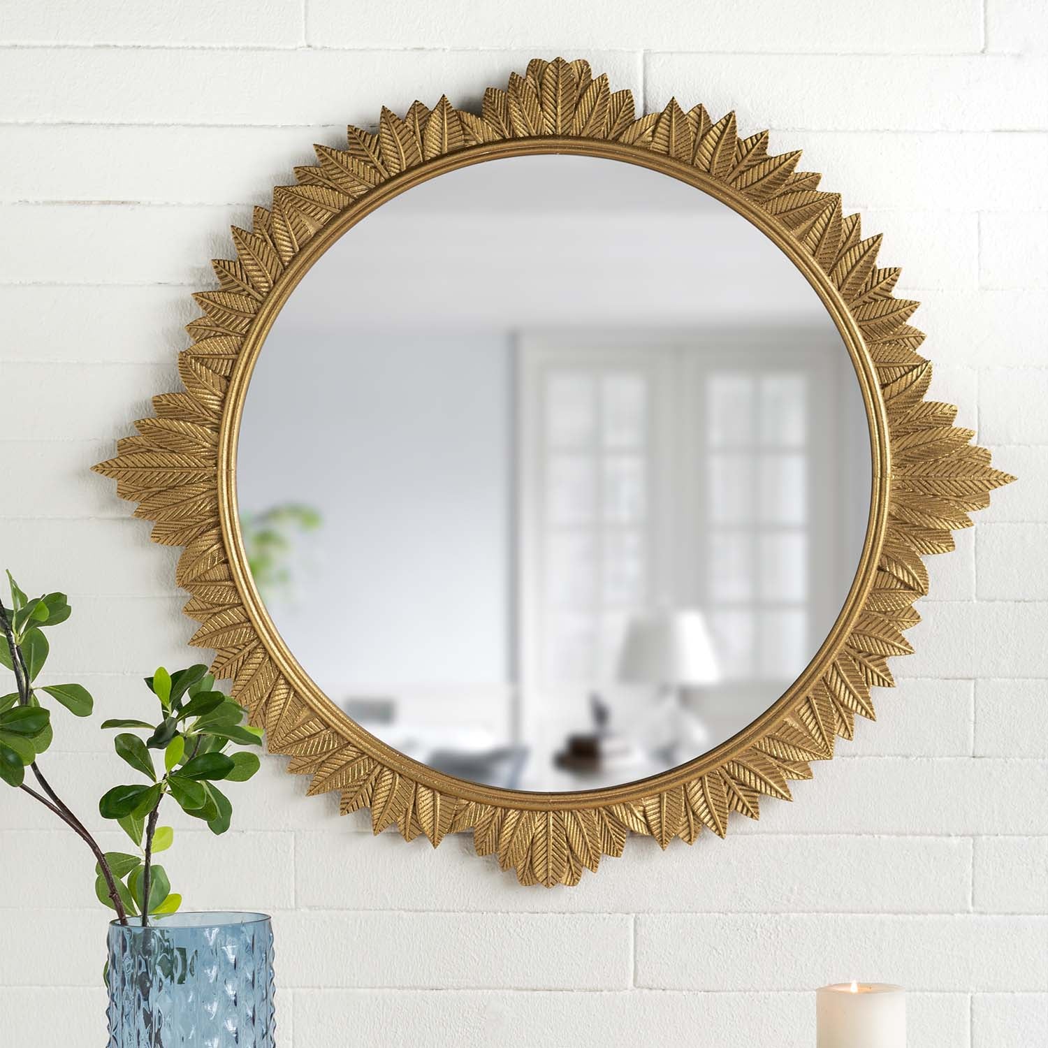 35.5 in. x 31.5 in. Soft Gold Rococo Wall Mirror, Ornate Carved MDF Frame Decorative Accent Mirror for Living Room, Hallway & Bedroom