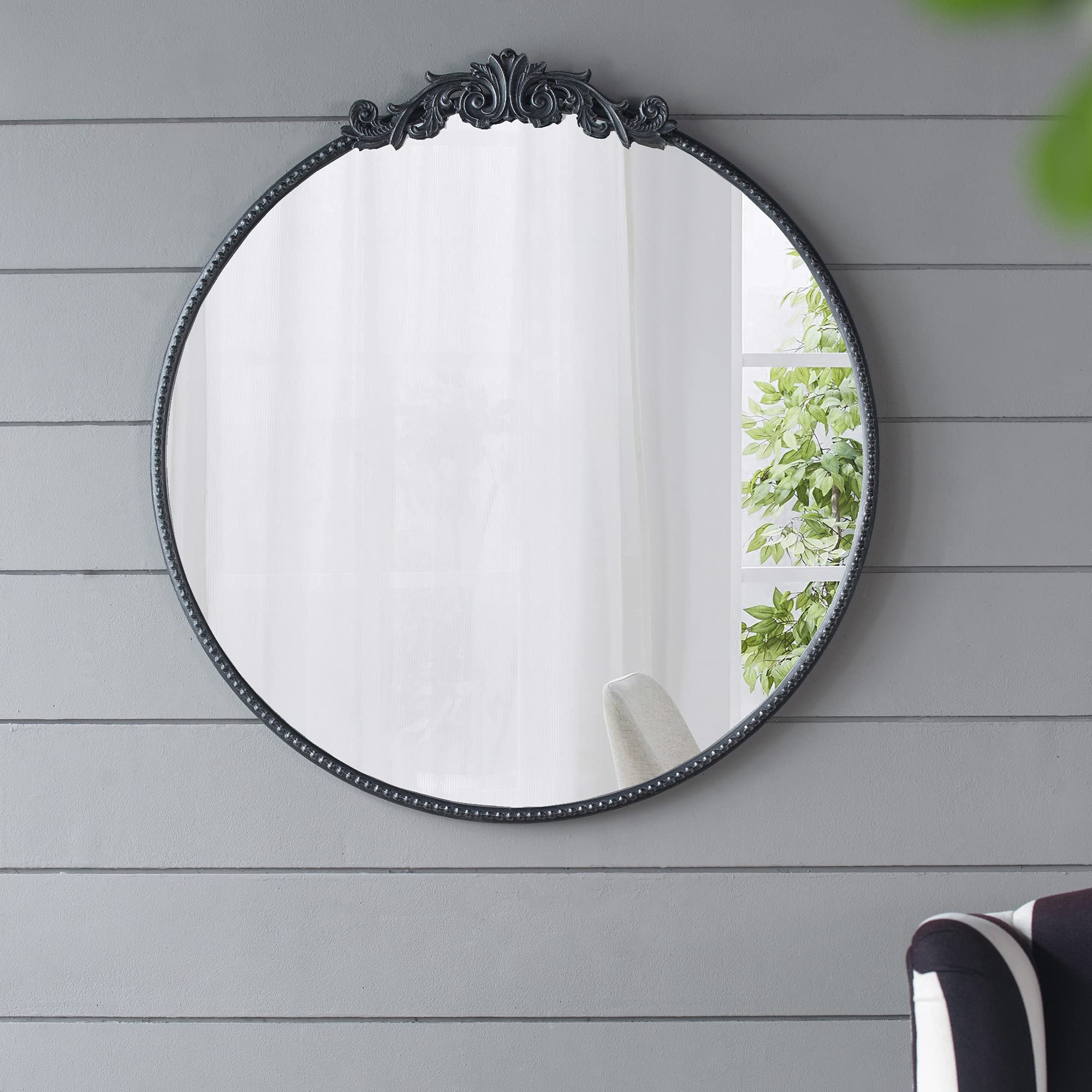 30 in. x 32 in. Round Baroque-Inspired Wall Mirror, Classic Ornate Decorative Accent Mirror for Bathroom, Entryway &amp; Console