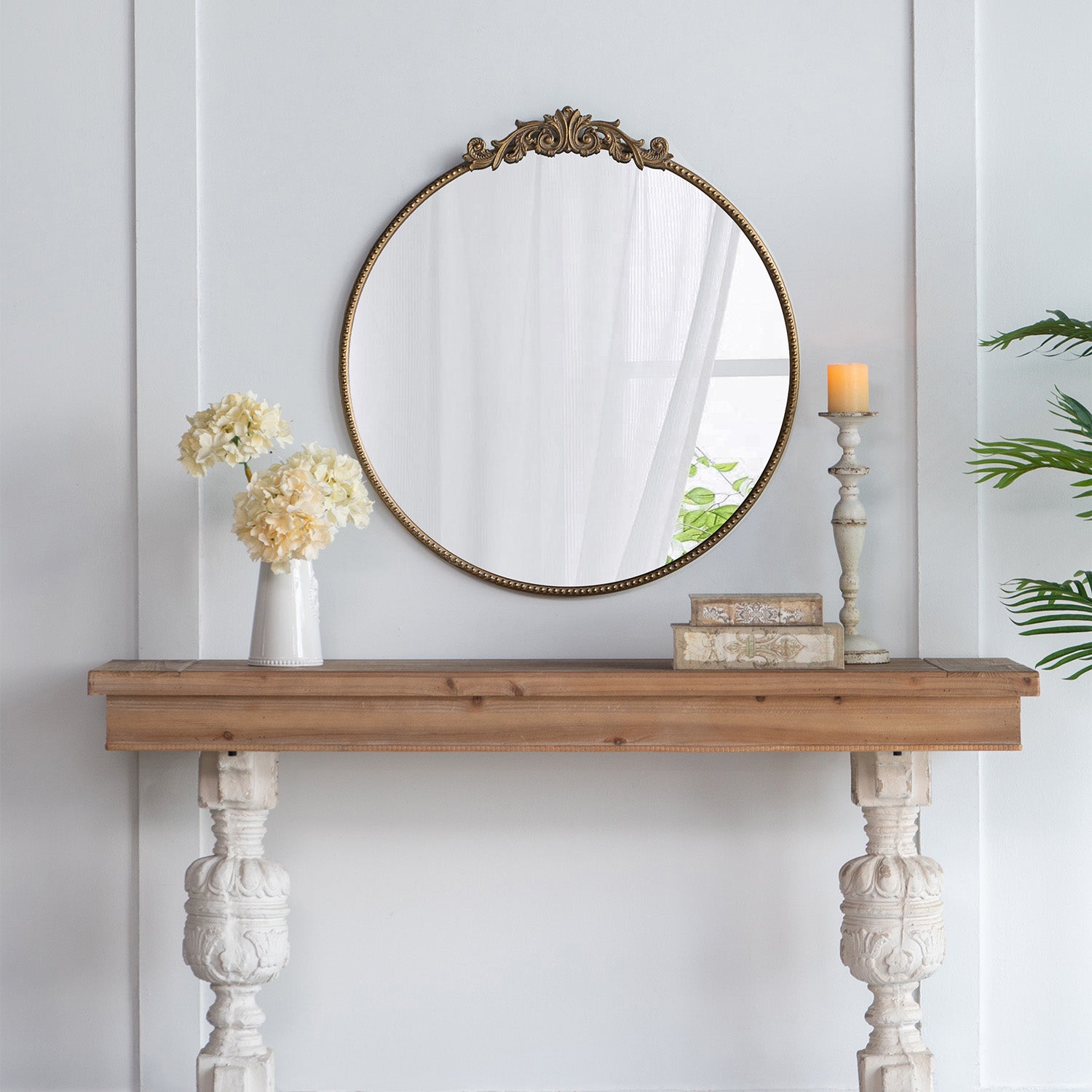 30 in. x 32 in. Round Baroque-Inspired Wall Mirror, Classic Ornate Decorative Accent Mirror for Bathroom, Entryway &amp; Console