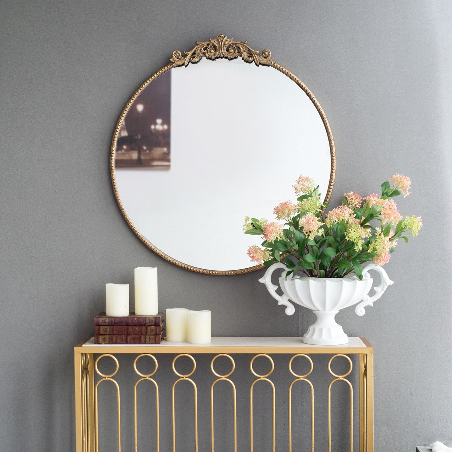 30 in. x 32 in. Round Baroque-Inspired Wall Mirror, Classic Ornate Decorative Accent Mirror for Bathroom, Entryway &amp; Console