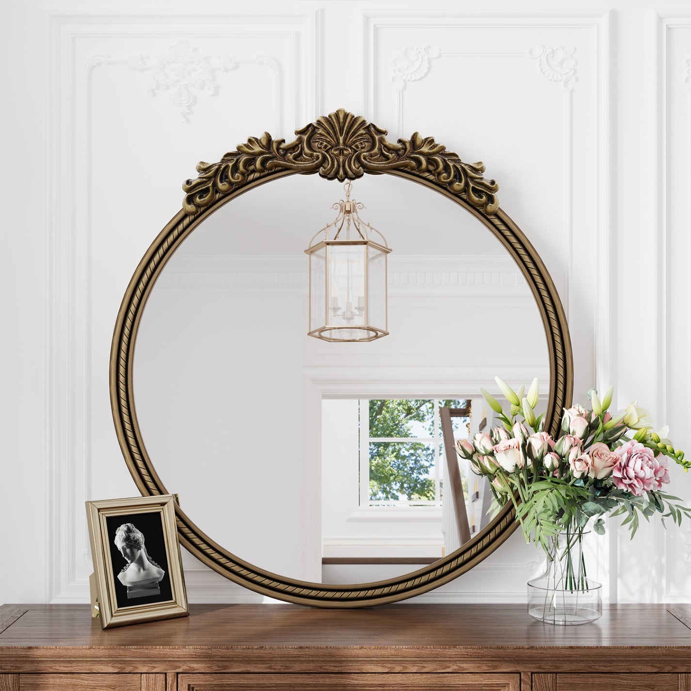 33.27 in. Vintage Gold Round Wall Mirror, Ornate Relief Decorative Mirror with Reinforced Glass & MDF Backboard for Living Room, Bedroom & Entryway