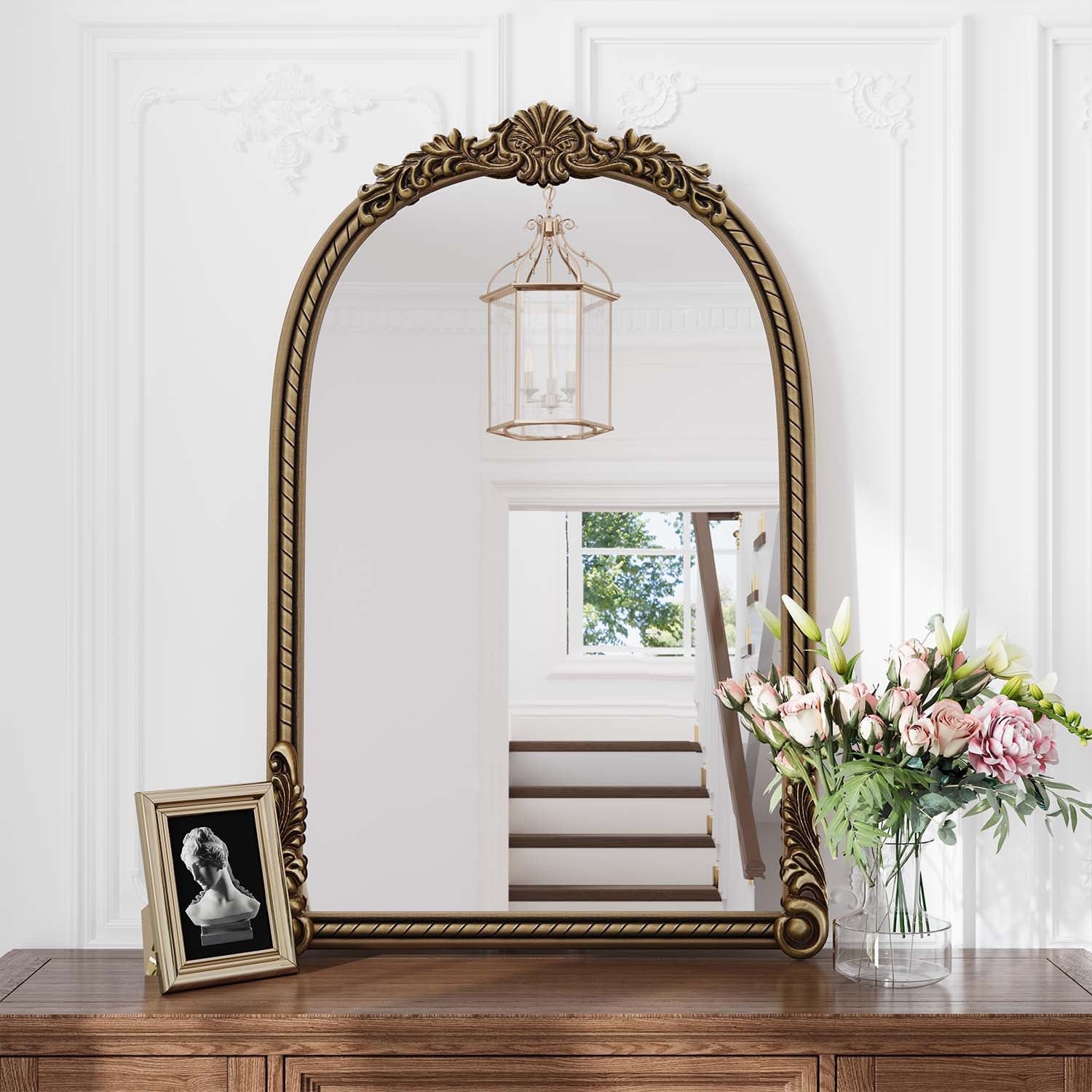 36.61 in. Wide Vintage Gold Arched Wall Mirror, Ornate Relief Full Length Decorative Mirror with Carved Accents for Living Room, Bedroom & Hallway