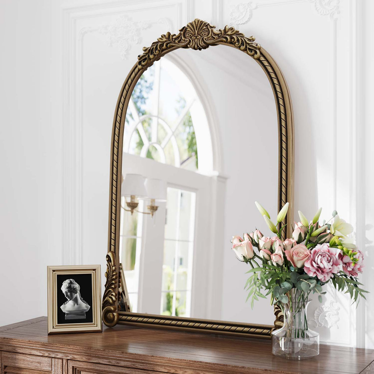 RAINLEX 36.61 in. Wide Vintage Gold Arched Wall Mirror (DM20)