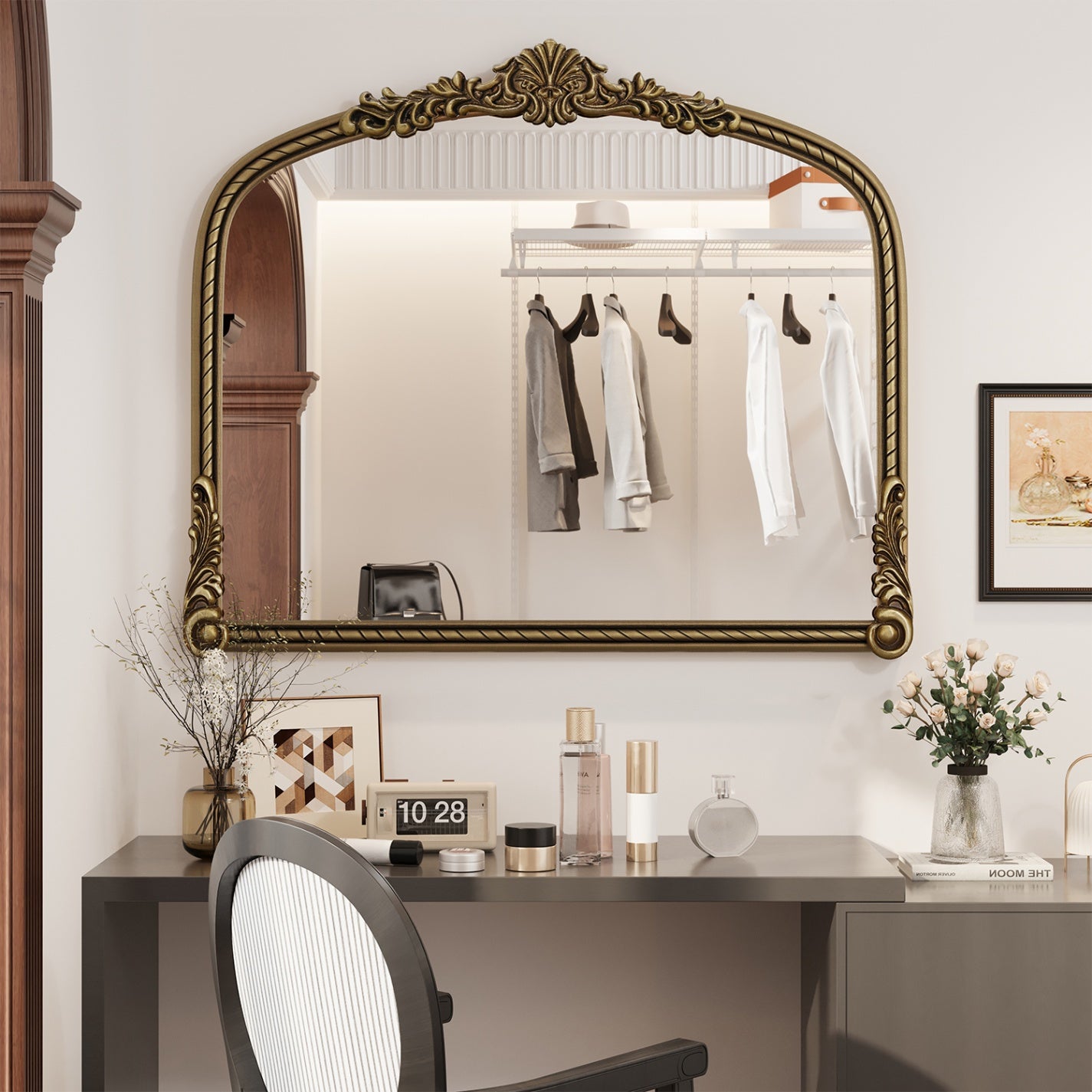 36.61 in. Wide Vintage Gold Arched Wall Mirror, Ornate Relief Full Length Decorative Mirror with Carved Accents for Living Room, Bedroom & Hallway