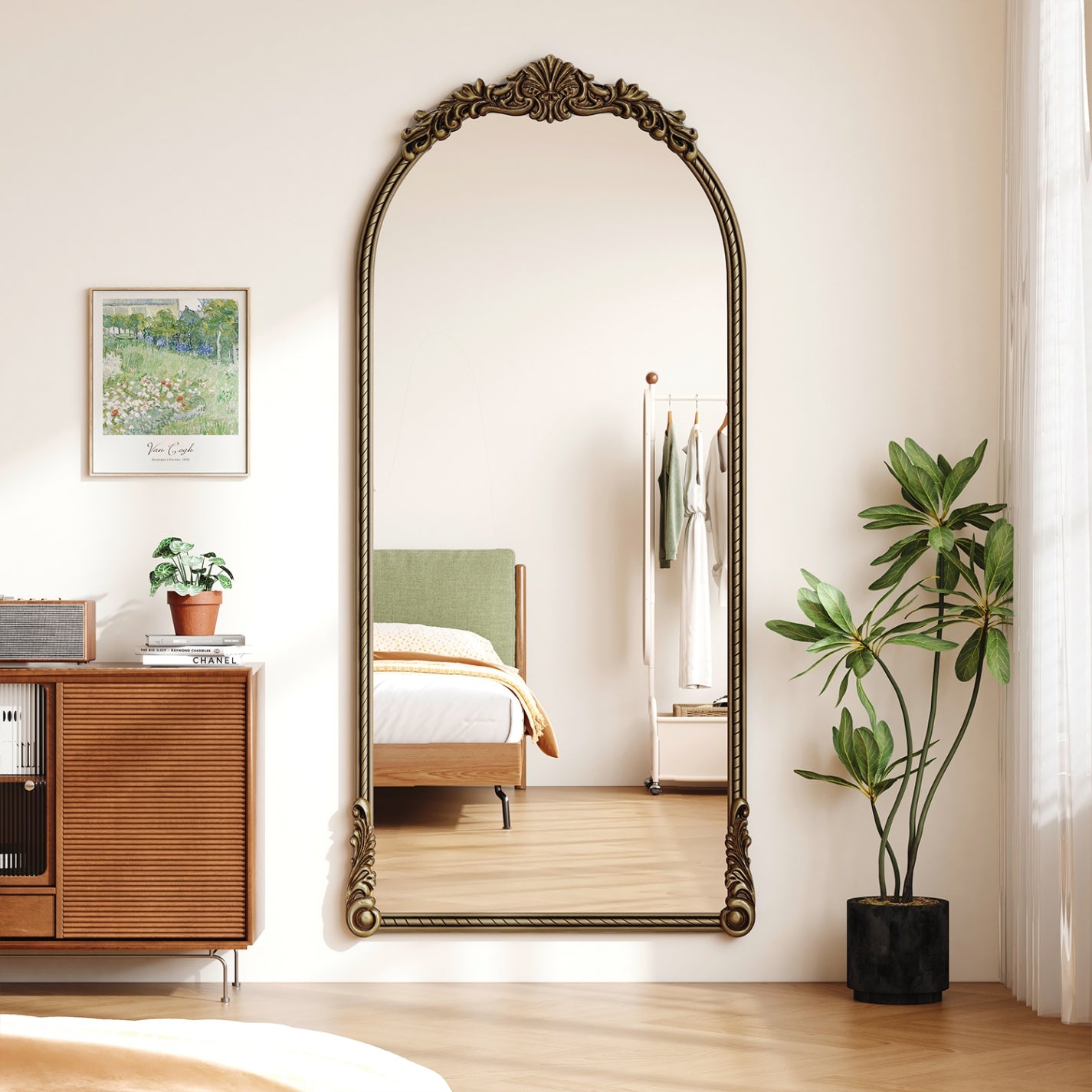33.07 in. x 73.03 in. Antique Gold Arch Oval Full Length Wall Mirror, Vintage Relief Iron Frame Shatterproof Decorative Mirror