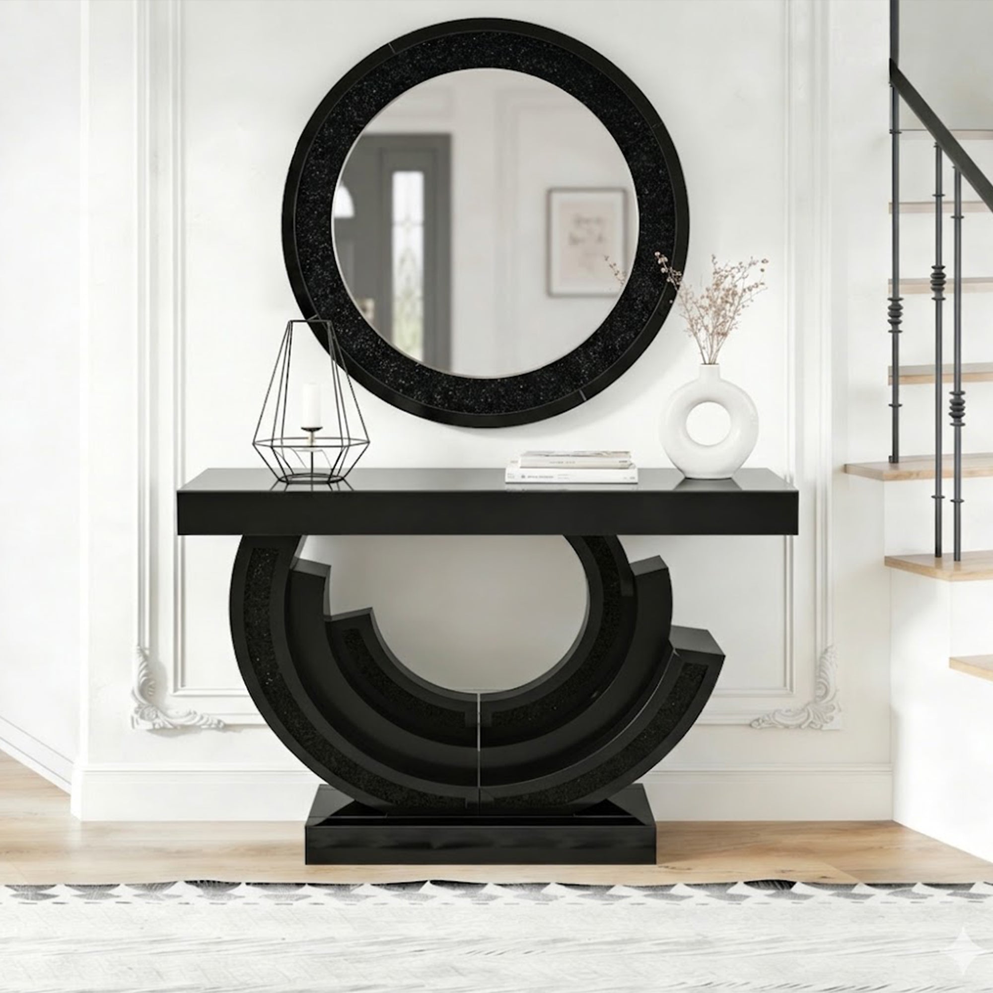 33.46 in. Crushed Crystal Round Wall Mirror, Frameless Beveled Mirror Strip Decorative Accent Mirror with MDF Backing