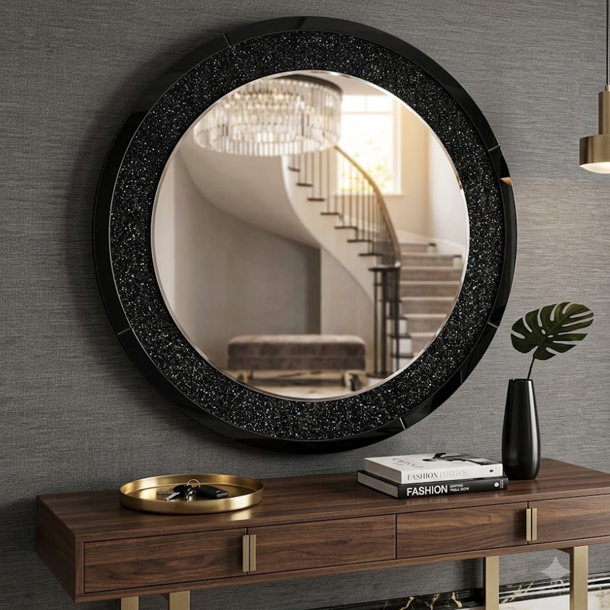 33.46 in. Crushed Crystal Round Wall Mirror, Frameless Beveled Mirror Strip Decorative Accent Mirror with MDF Backing