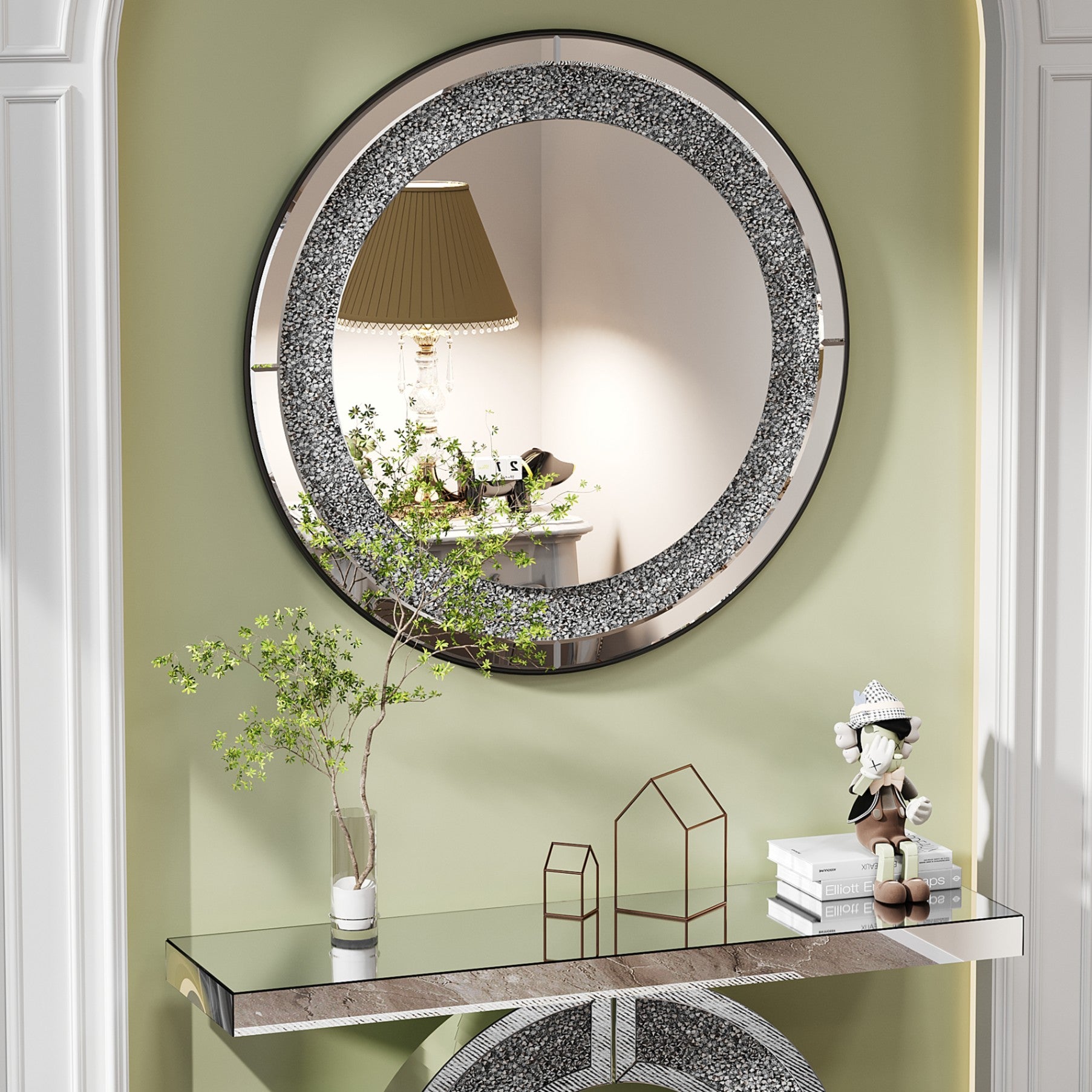 33.46 in. Crushed Crystal Round Wall Mirror, Frameless Beveled Mirror Strip Decorative Accent Mirror with MDF Backing