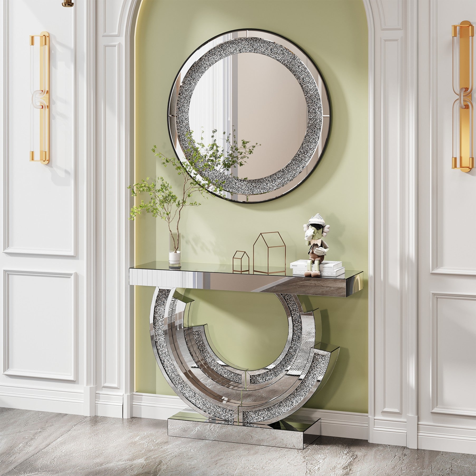 33.46 in. Crushed Crystal Round Wall Mirror, Frameless Beveled Mirror Strip Decorative Accent Mirror with MDF Backing