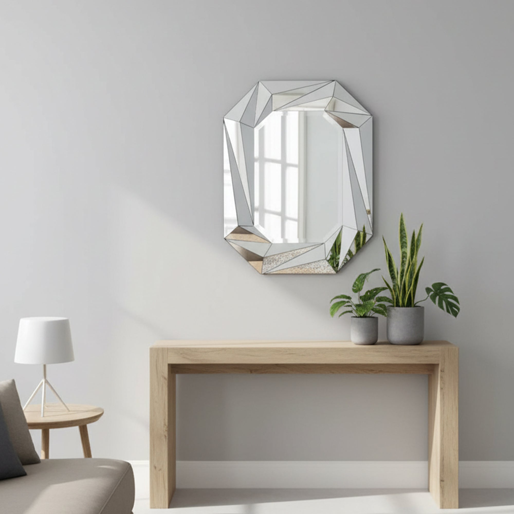 27.56 in. x 36.22 in. Geometric Beveled Frameless Wall Mirror, Faceted Diamond-Style Decorative Accent Mirror for Living Room, Entryway & Bathroom