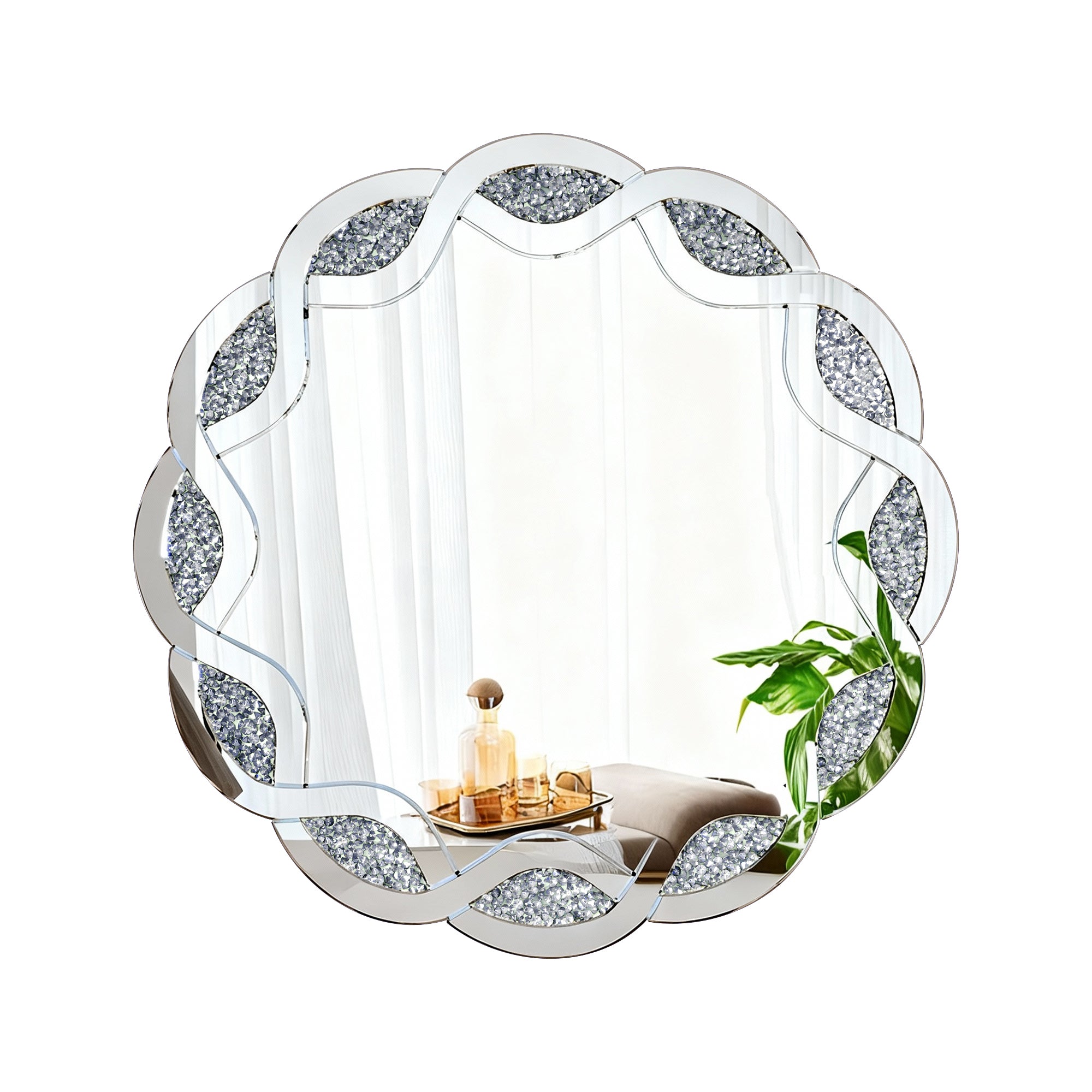 31.5 in. Silver Crush Diamond Round Wall Mirror, Wave Frame Decorative Accent Mirror with Heavy-Duty Frame for Bathroom & Living Room