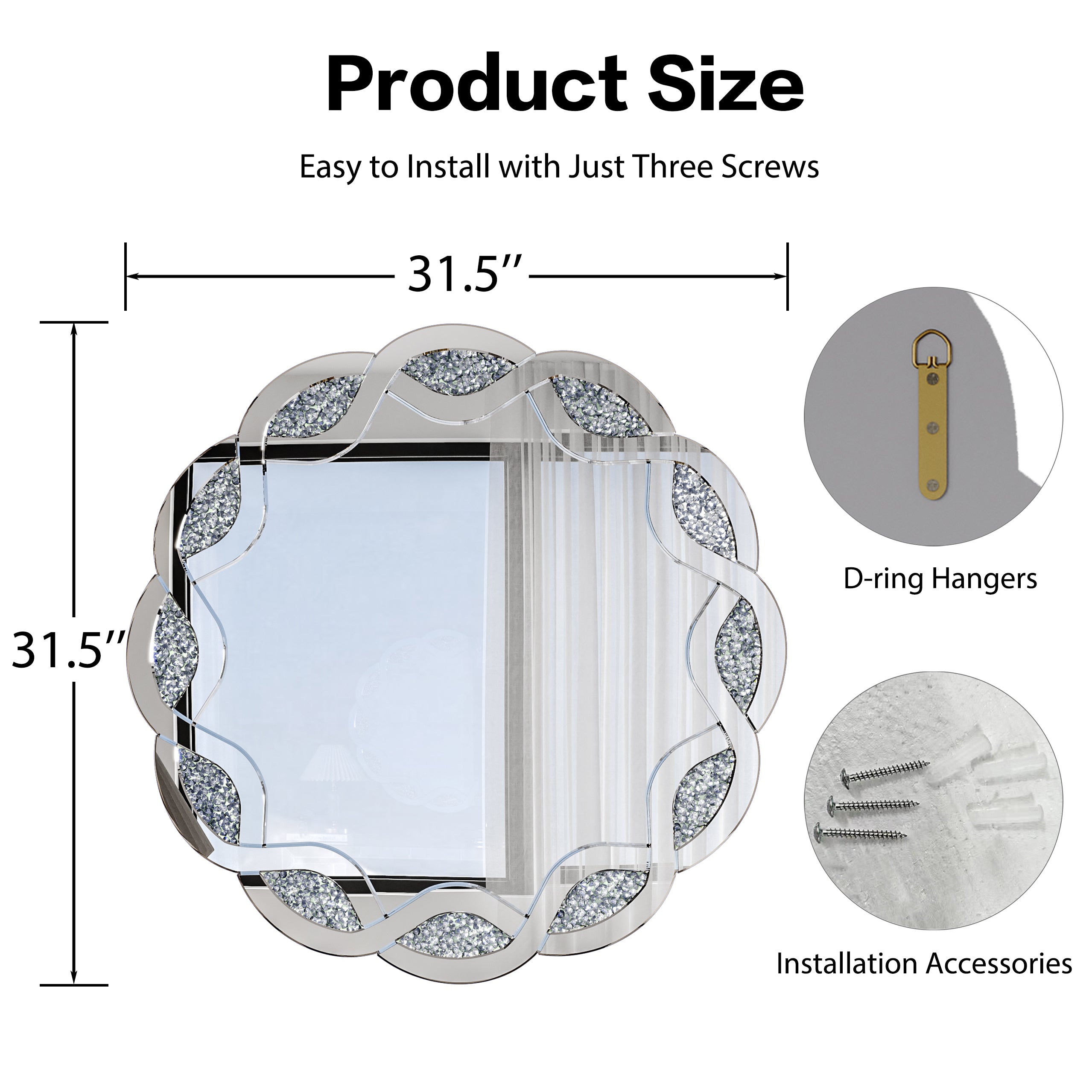 31.5 in. Silver Crush Diamond Round Wall Mirror, Wave Frame Decorative Accent Mirror with Heavy-Duty Frame for Bathroom & Living Room