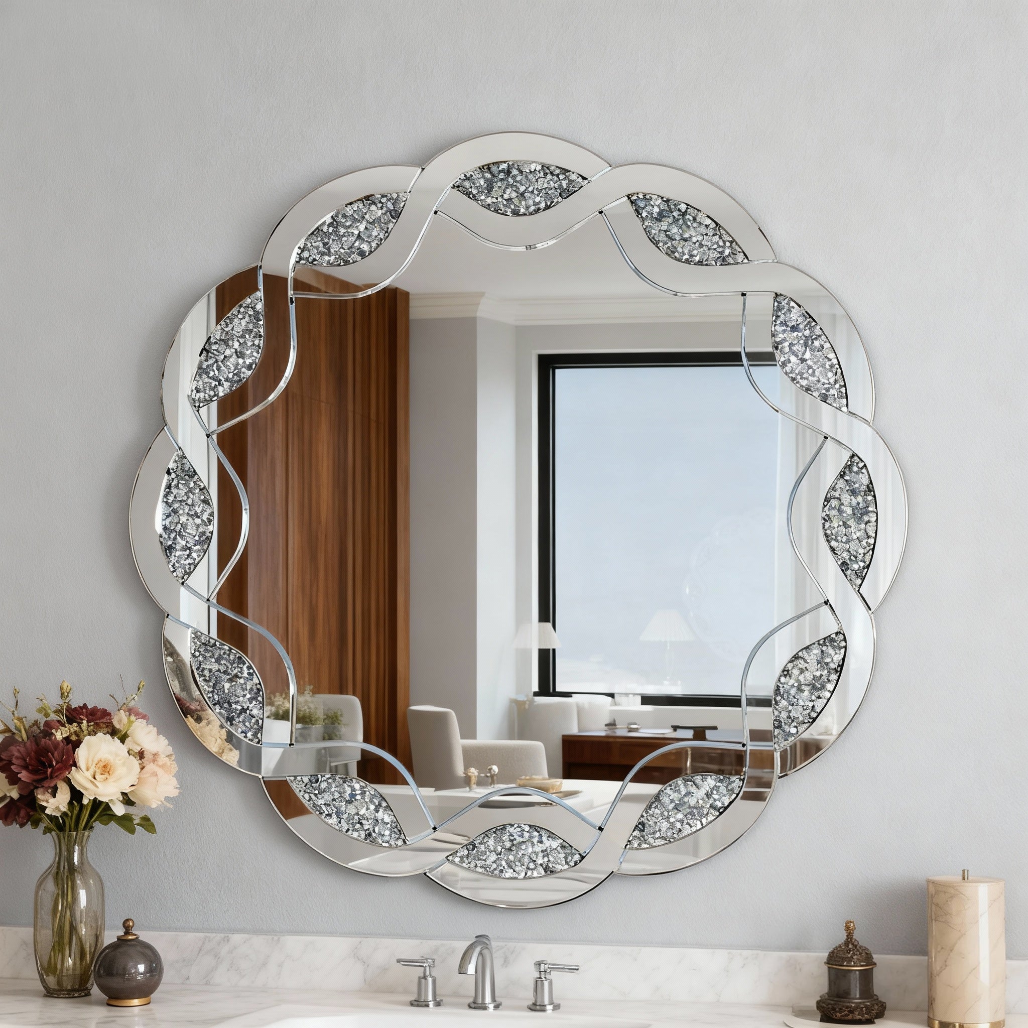 31.5 in. Silver Crush Diamond Round Wall Mirror, Wave Frame Decorative Accent Mirror with Heavy-Duty Frame for Bathroom & Living Room
