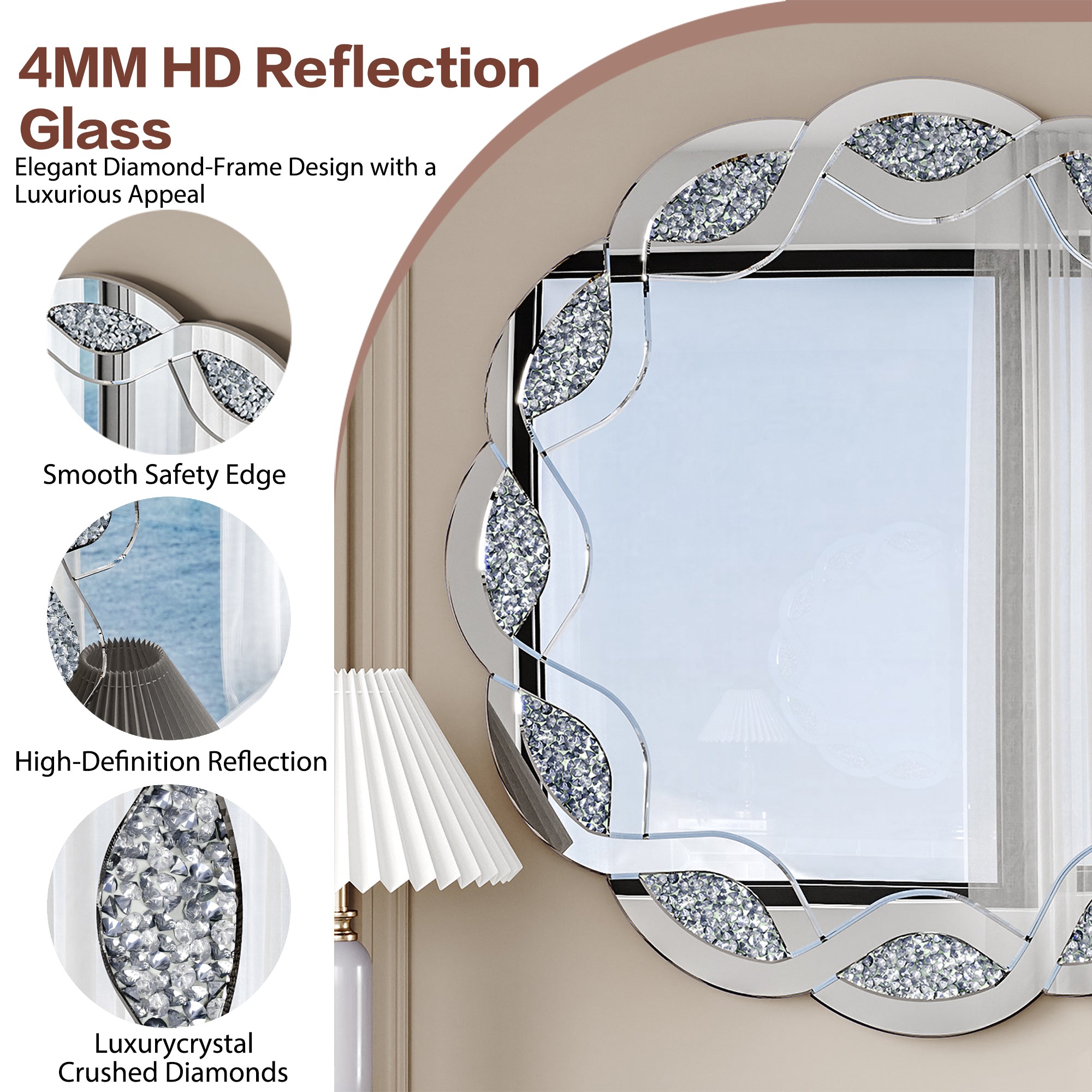 31.5 in. Silver Crush Diamond Round Wall Mirror, Wave Frame Decorative Accent Mirror with Heavy-Duty Frame for Bathroom & Living Room