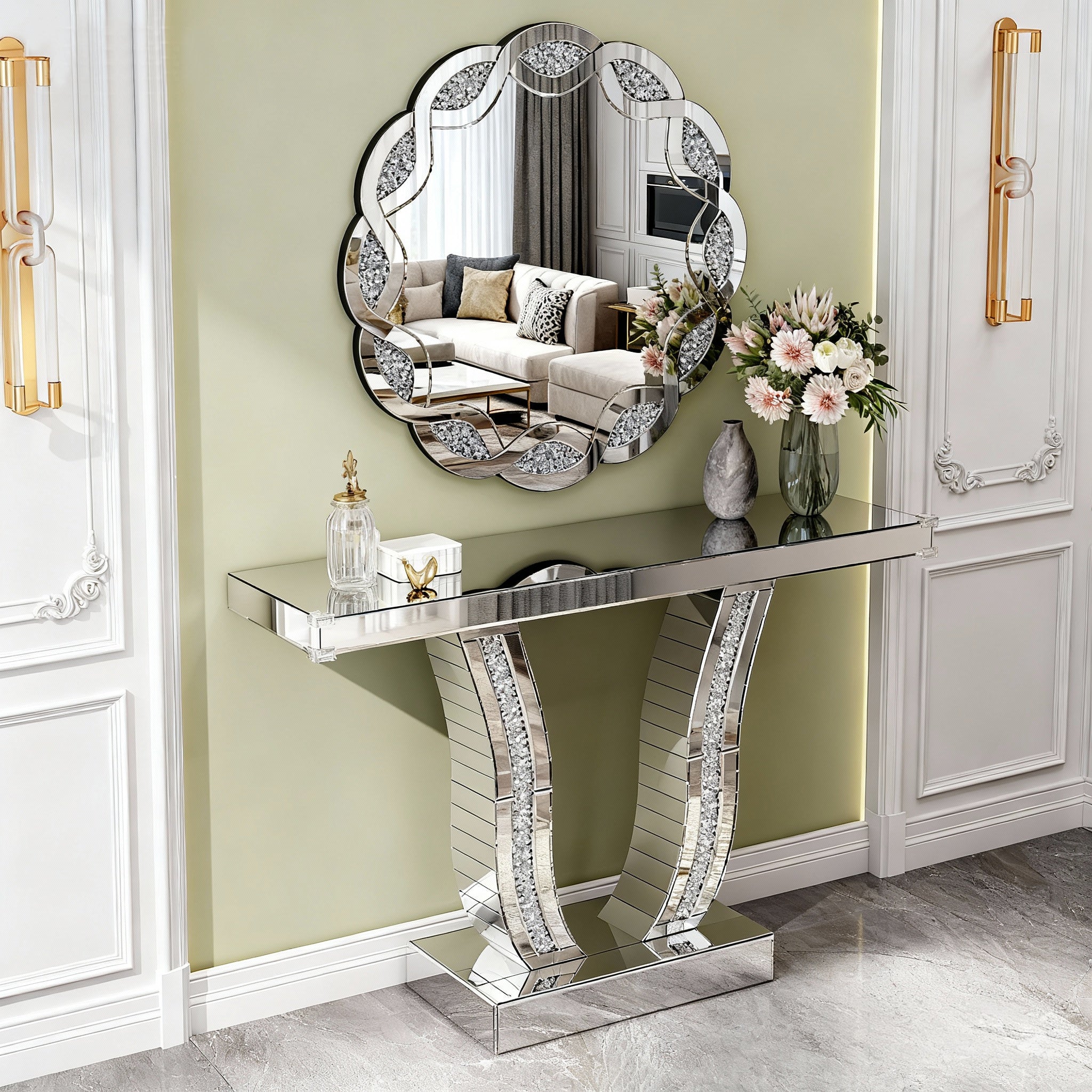 31.5 in. Silver Crush Diamond Round Wall Mirror, Wave Frame Decorative Accent Mirror with Heavy-Duty Frame for Bathroom & Living Room
