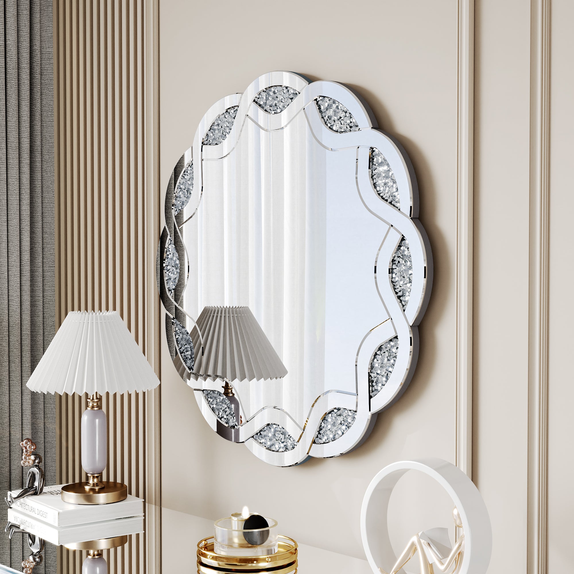 31.5 in. Silver Crush Diamond Round Wall Mirror, Wave Frame Decorative Accent Mirror with Heavy-Duty Frame for Bathroom & Living Room