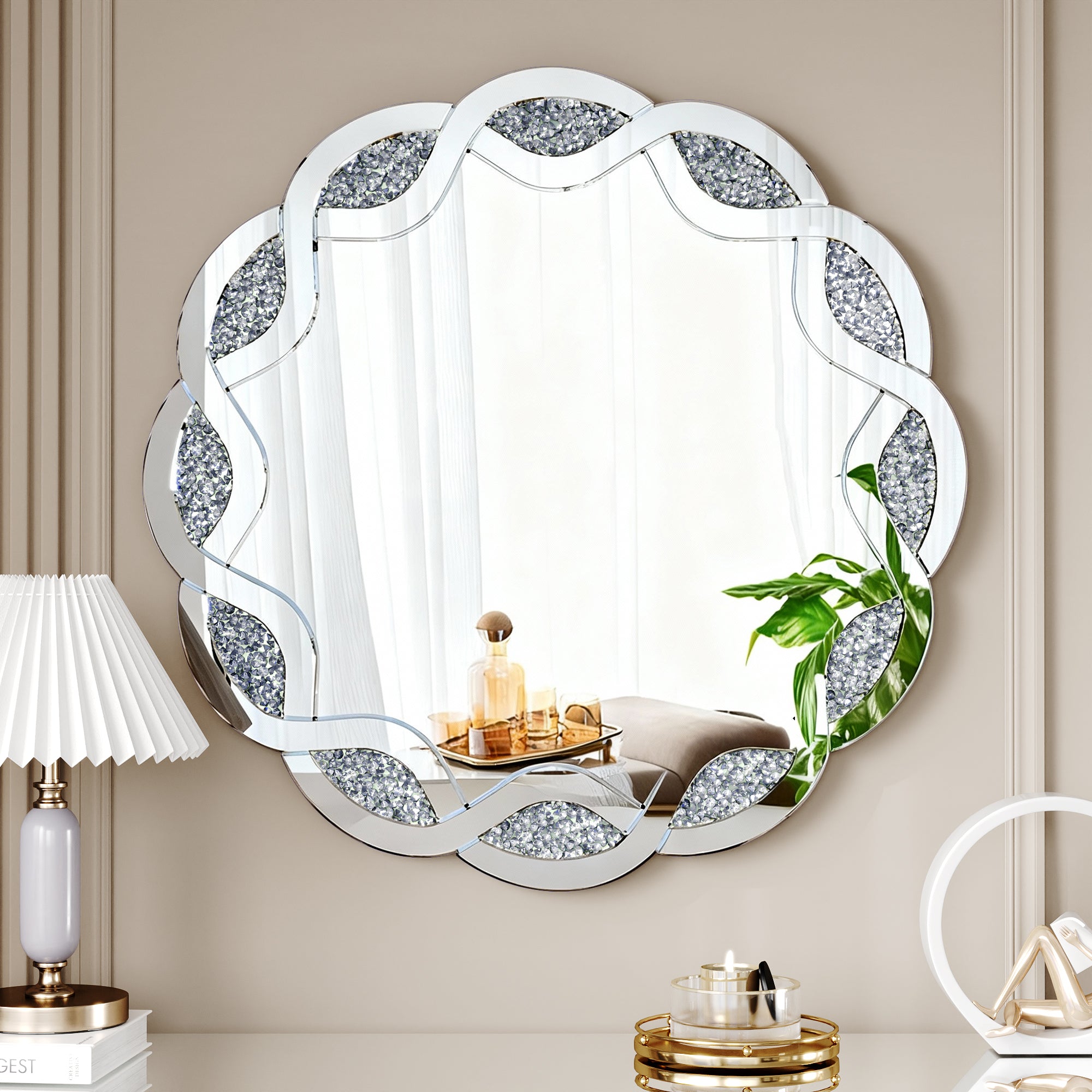 31.5 in. Silver Crush Diamond Round Wall Mirror, Wave Frame Decorative Accent Mirror with Heavy-Duty Frame for Bathroom & Living Room