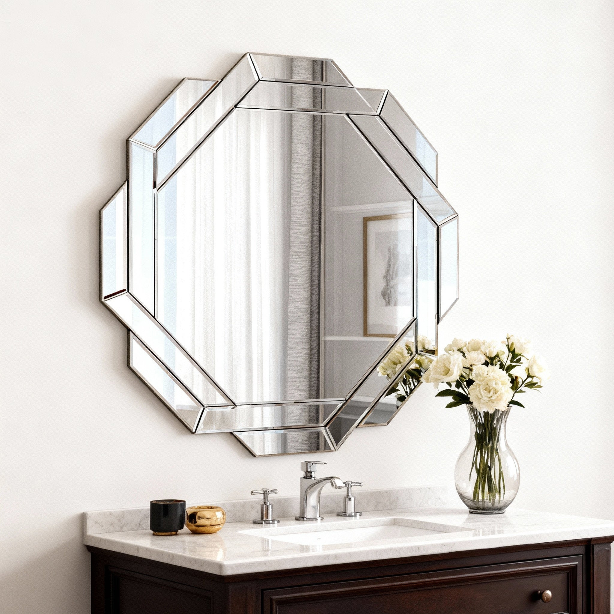 29.92 in. Octagonal Frameless Wall Mirror, Beveled Edge Geometric Decorative Mirror for Bathroom, Living Room, Dining Room & Hallway
