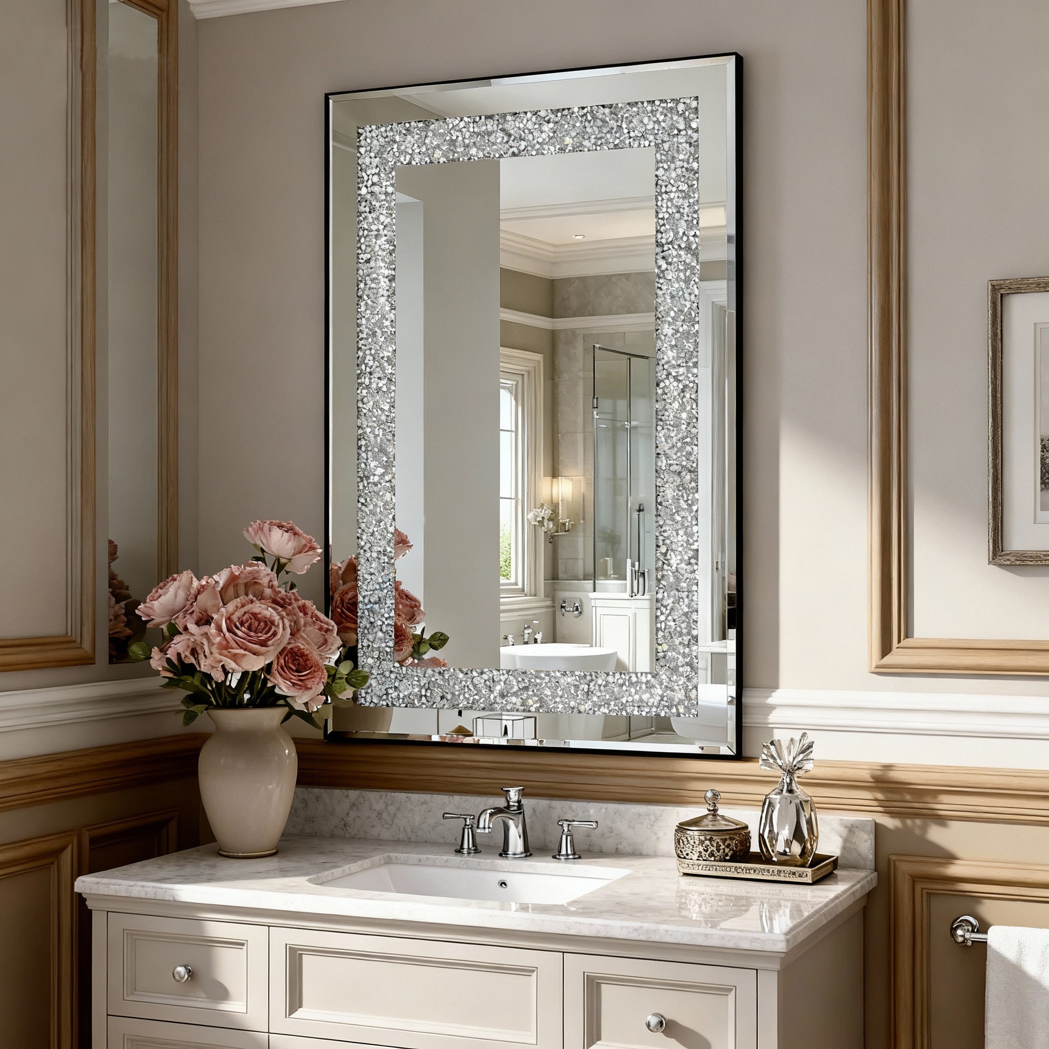 36 in. x 24 in. Silver Crystal Crush Diamond Rectangle Wall Mirror, Modern Beveled Edge Decorative Mirror for Living Room, Bedroom & Entryway