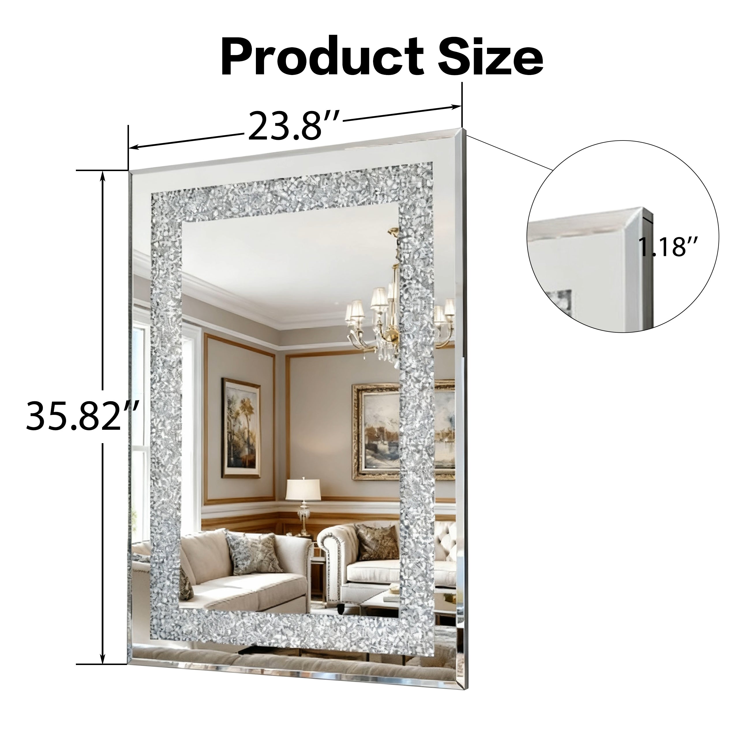 36 in. x 24 in. Silver Crystal Crush Diamond Rectangle Wall Mirror, Modern Beveled Edge Decorative Mirror for Living Room, Bedroom & Entryway