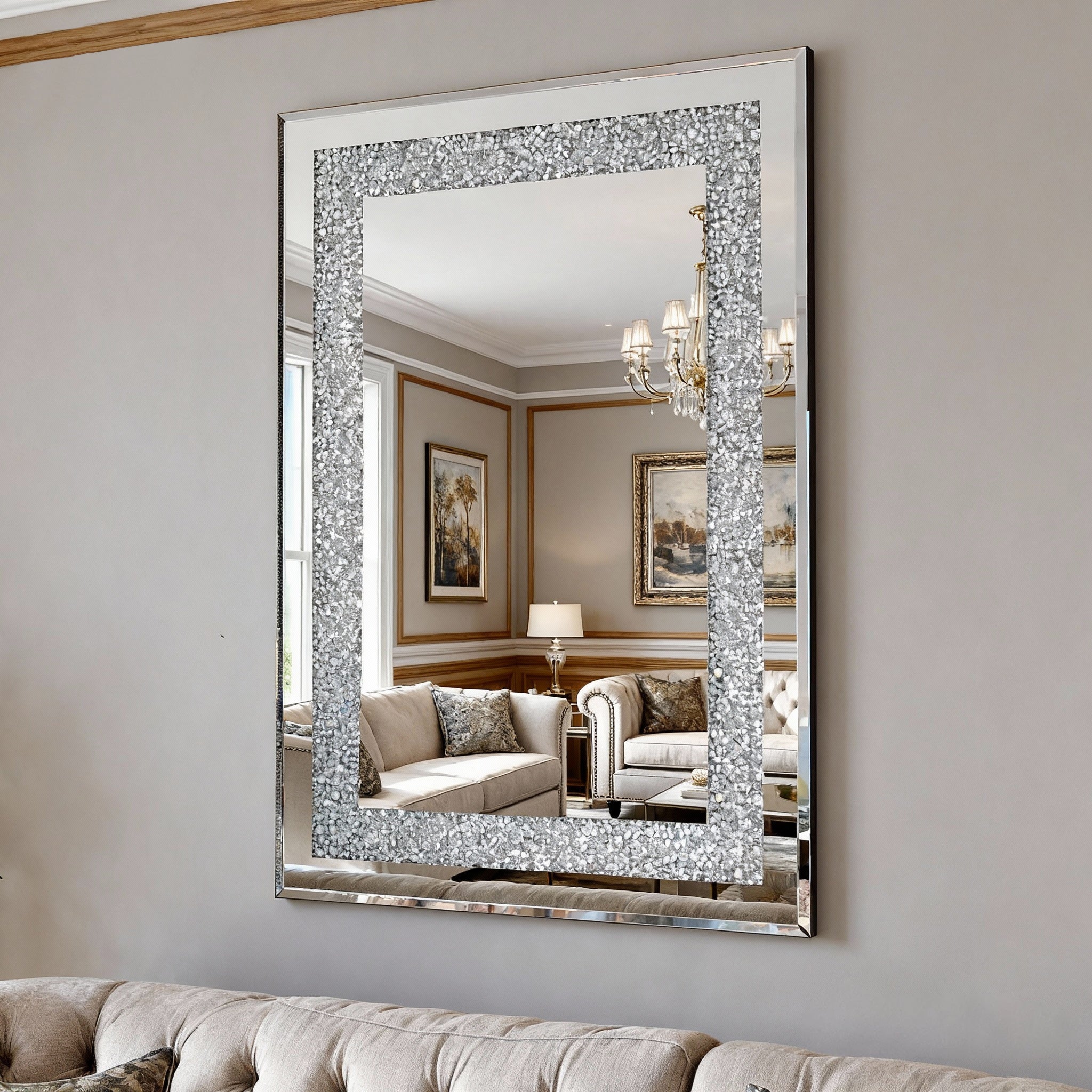 36 in. x 24 in. Silver Crystal Crush Diamond Rectangle Wall Mirror, Modern Beveled Edge Decorative Mirror for Living Room, Bedroom & Entryway
