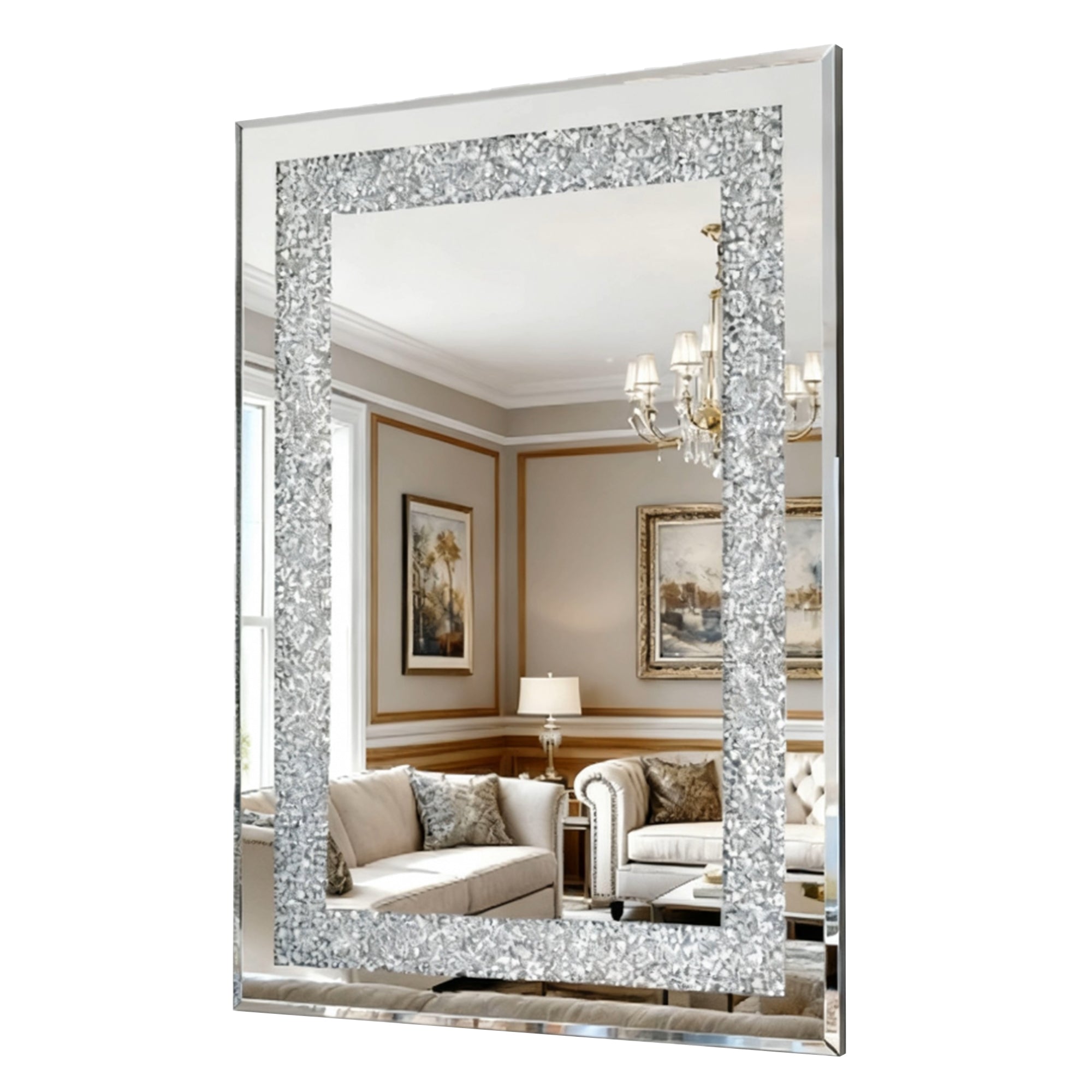 36 in. x 24 in. Silver Crystal Crush Diamond Rectangle Wall Mirror, Modern Beveled Edge Decorative Mirror for Living Room, Bedroom & Entryway