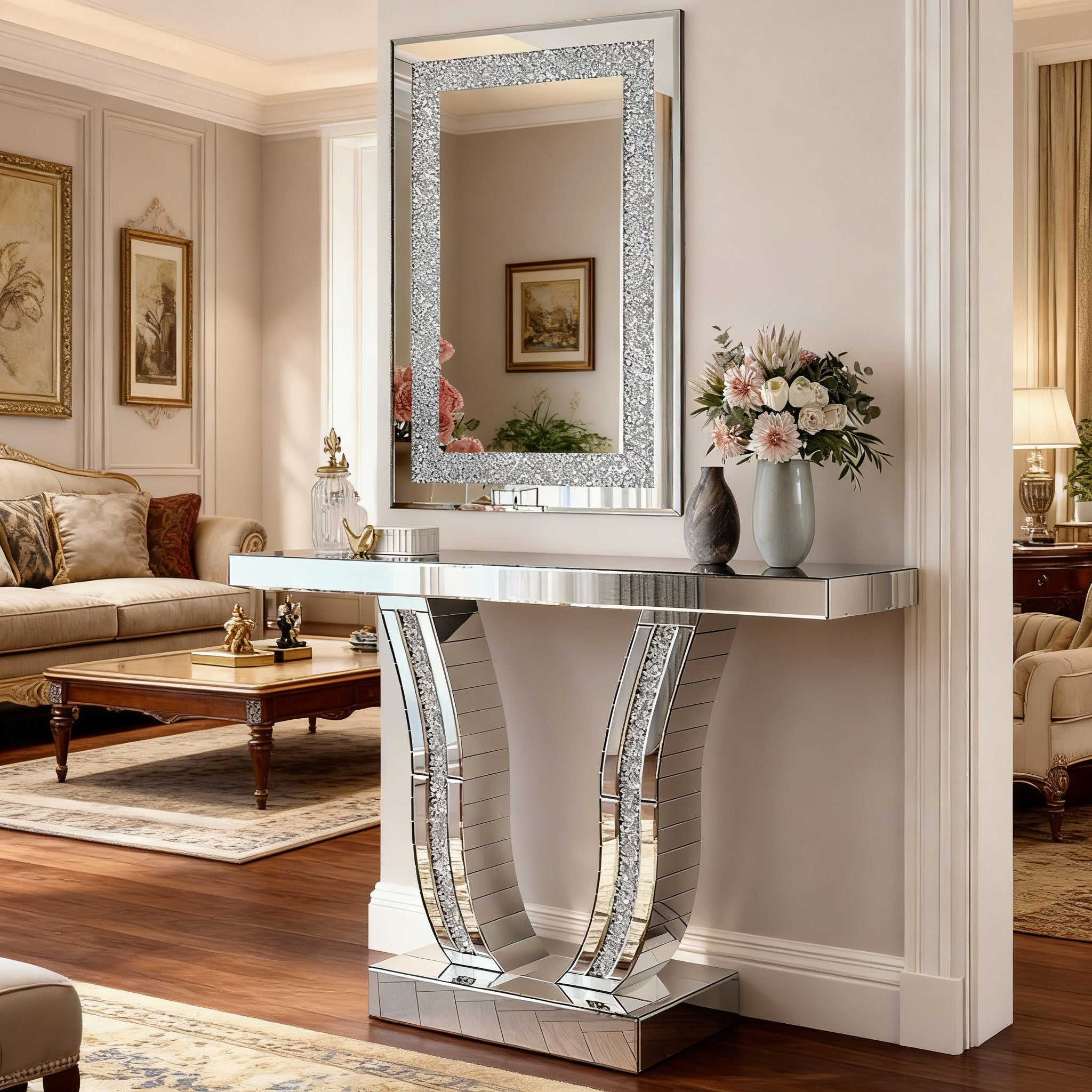 36 in. x 24 in. Silver Crystal Crush Diamond Rectangle Wall Mirror, Modern Beveled Edge Decorative Mirror for Living Room, Bedroom & Entryway