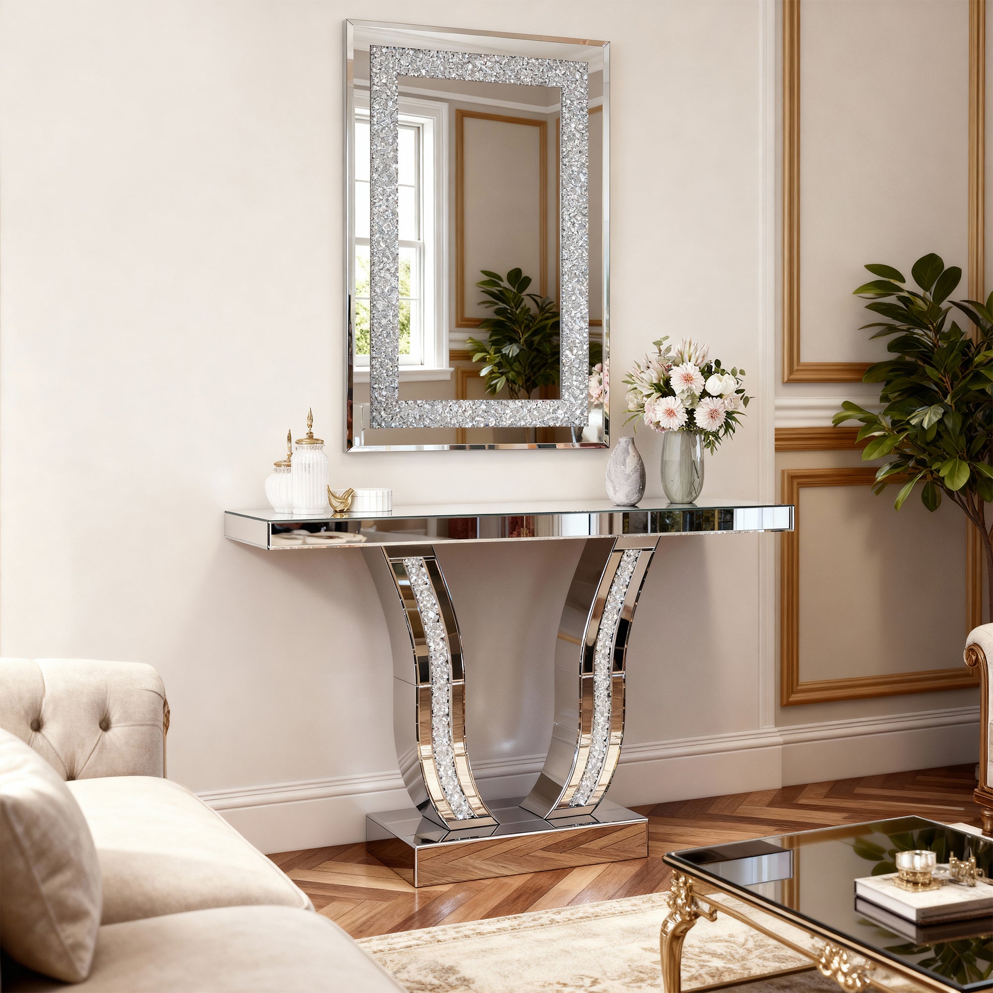36 in. x 24 in. Silver Crystal Crush Diamond Rectangle Wall Mirror, Modern Beveled Edge Decorative Mirror for Living Room, Bedroom & Entryway