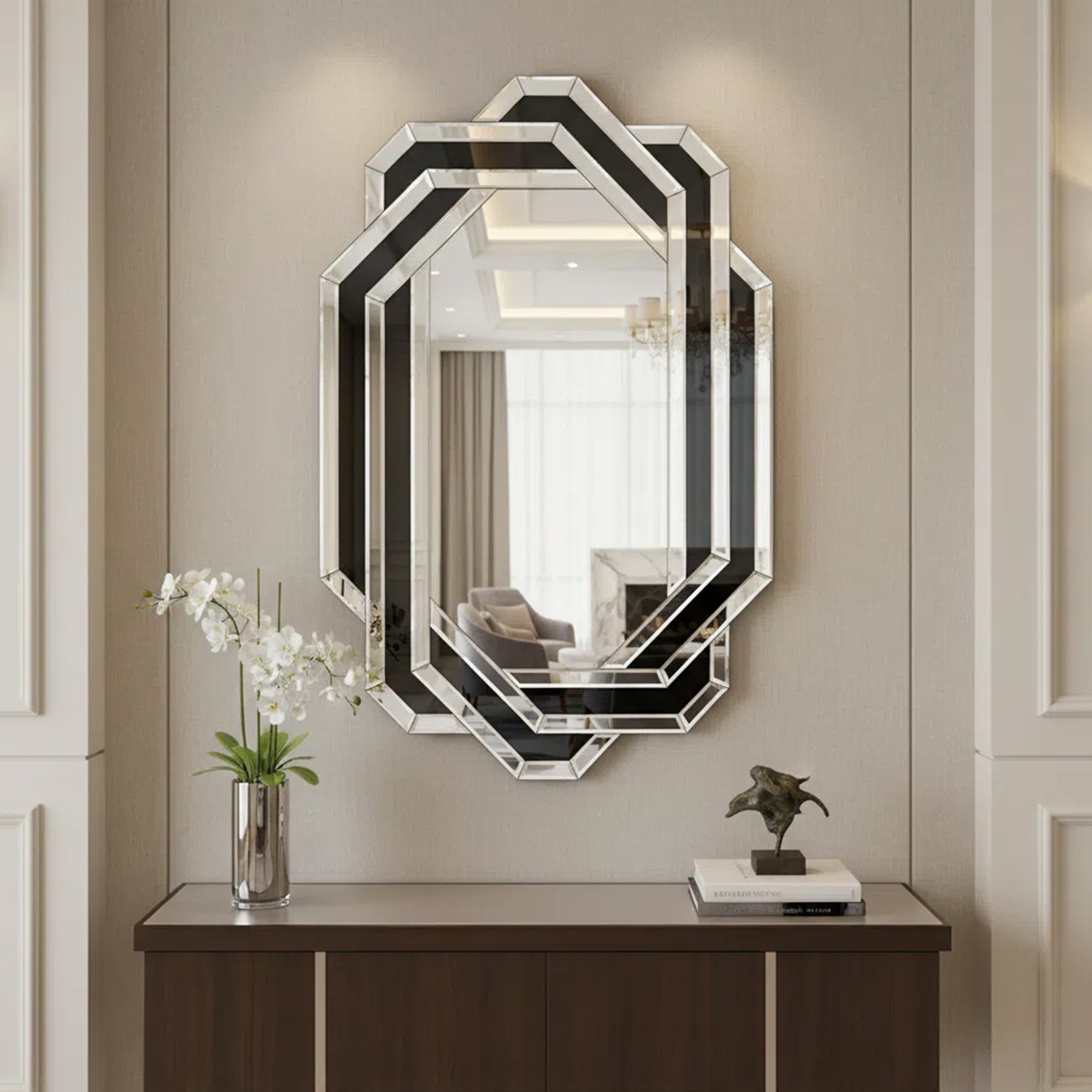 23.62 in. x 35.43 in. Modern Crystal Crush Diamond Wall Mirror, Luxury Geometric MDF & Mirrored Glass Vanity Mirror for Bathroom, Living Room & Entryway