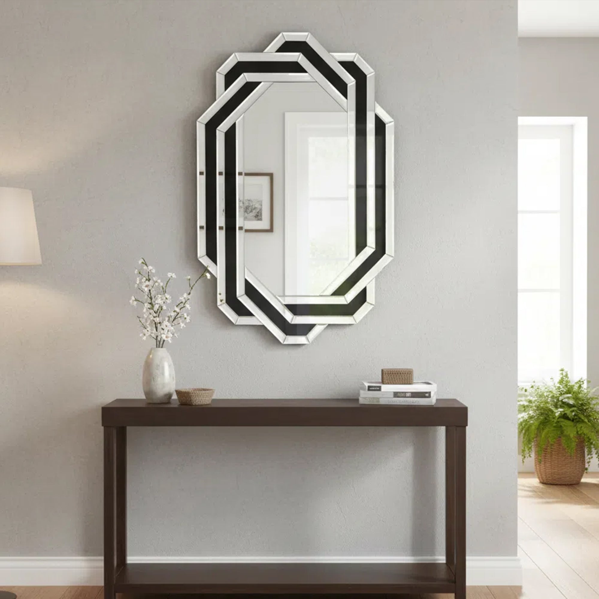 23.62 in. x 35.43 in. Modern Crystal Crush Diamond Wall Mirror, Luxury Geometric MDF & Mirrored Glass Vanity Mirror for Bathroom, Living Room & Entryway
