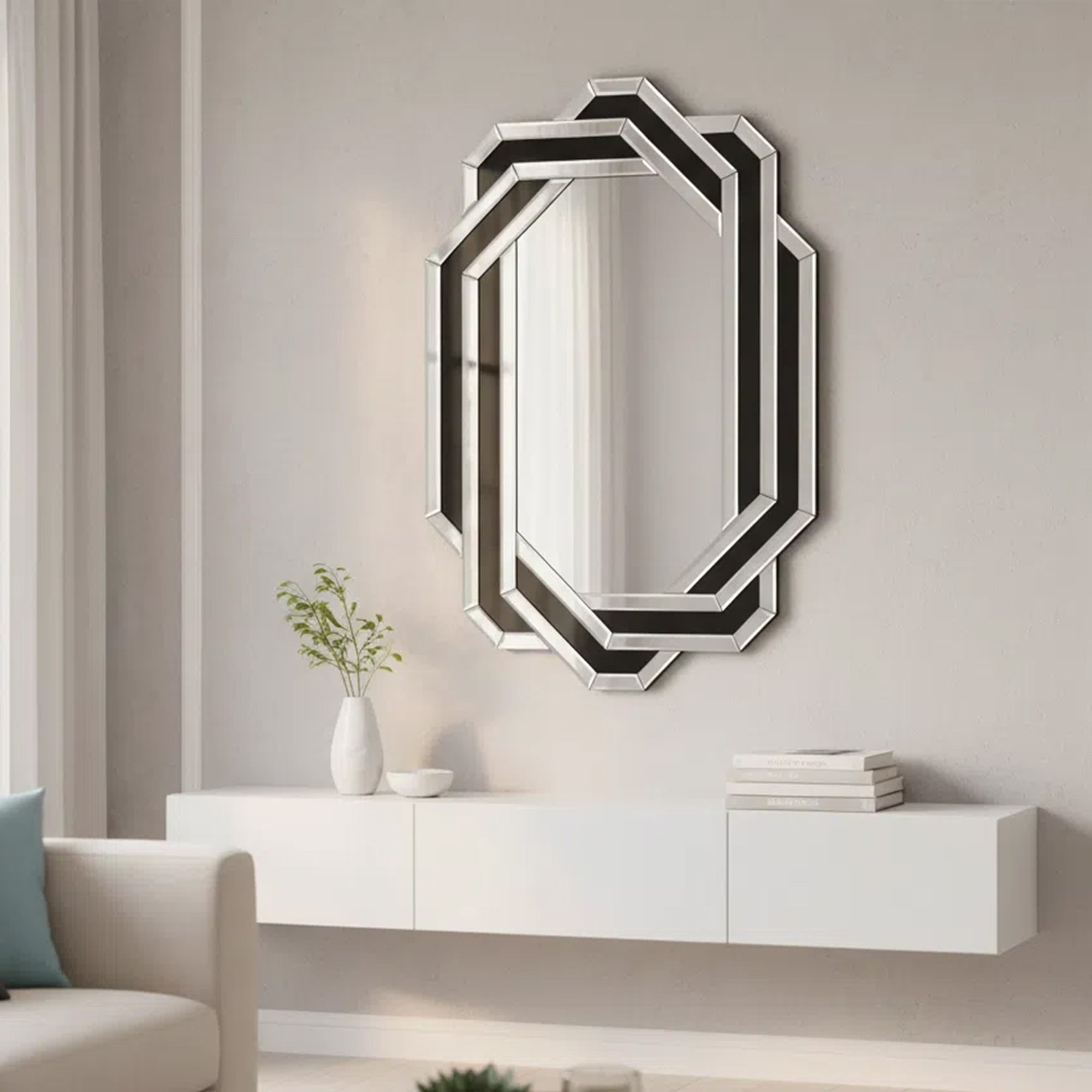 23.62 in. x 35.43 in. Modern Crystal Crush Diamond Wall Mirror, Luxury Geometric MDF & Mirrored Glass Vanity Mirror for Bathroom, Living Room & Entryway