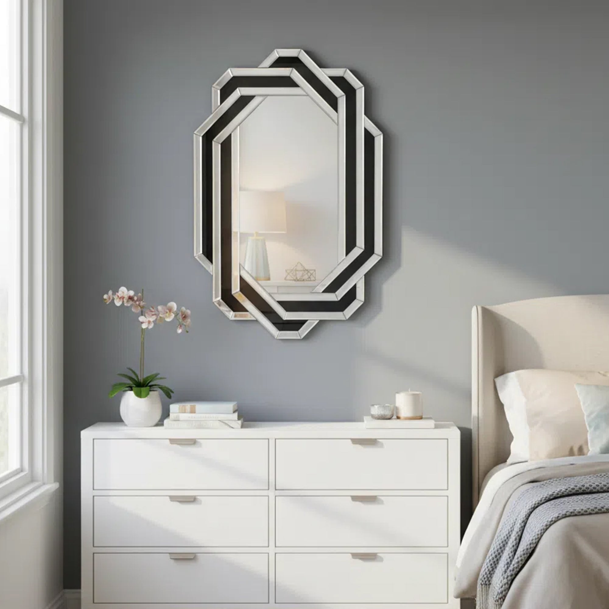 23.62 in. x 35.43 in. Modern Crystal Crush Diamond Wall Mirror, Luxury Geometric MDF & Mirrored Glass Vanity Mirror for Bathroom, Living Room & Entryway