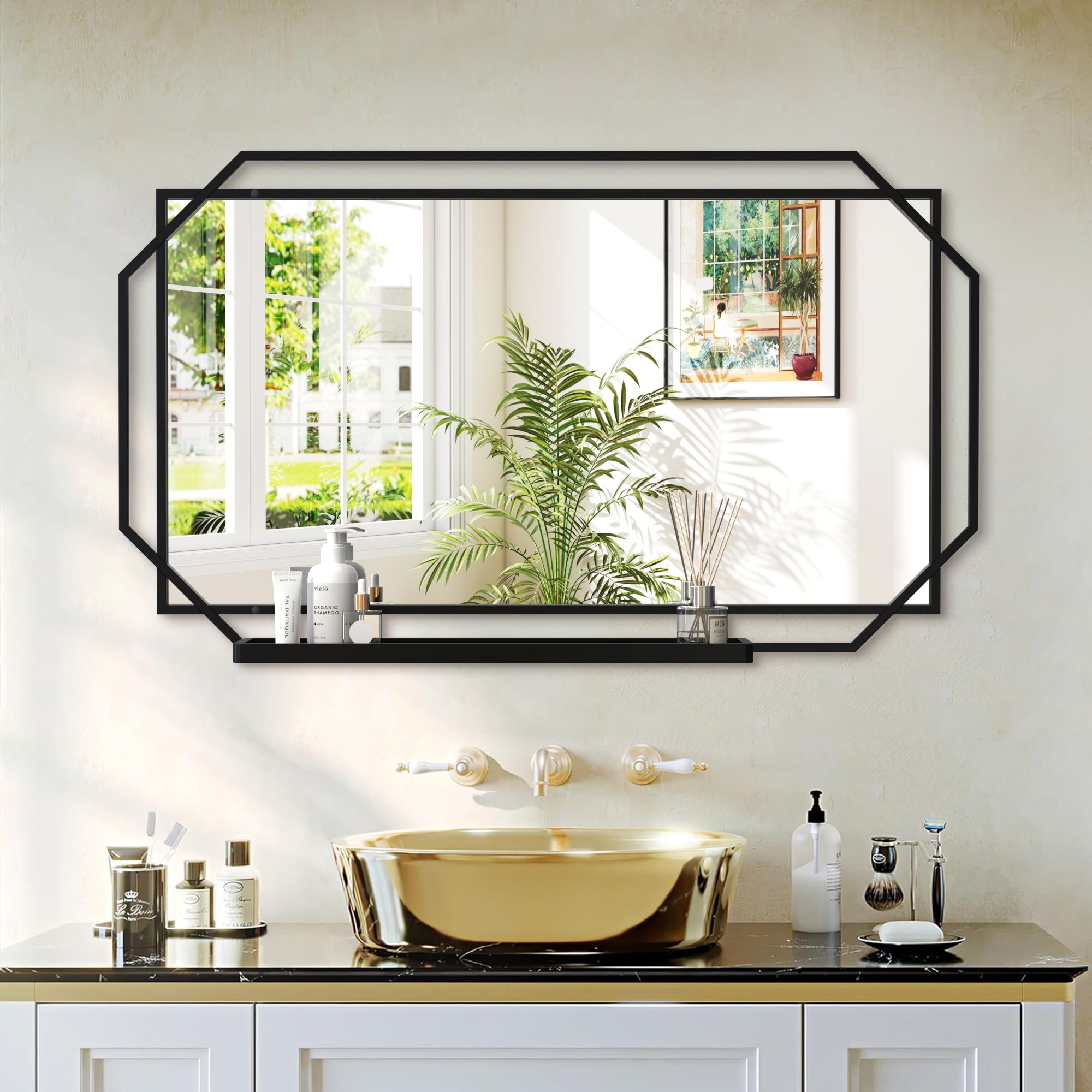 Black Metal Frame Bathroom Vanity Mirror with Multi-Tier Storage Shelf, 4 mm HD Wall Mirror, Horizontal or Vertical