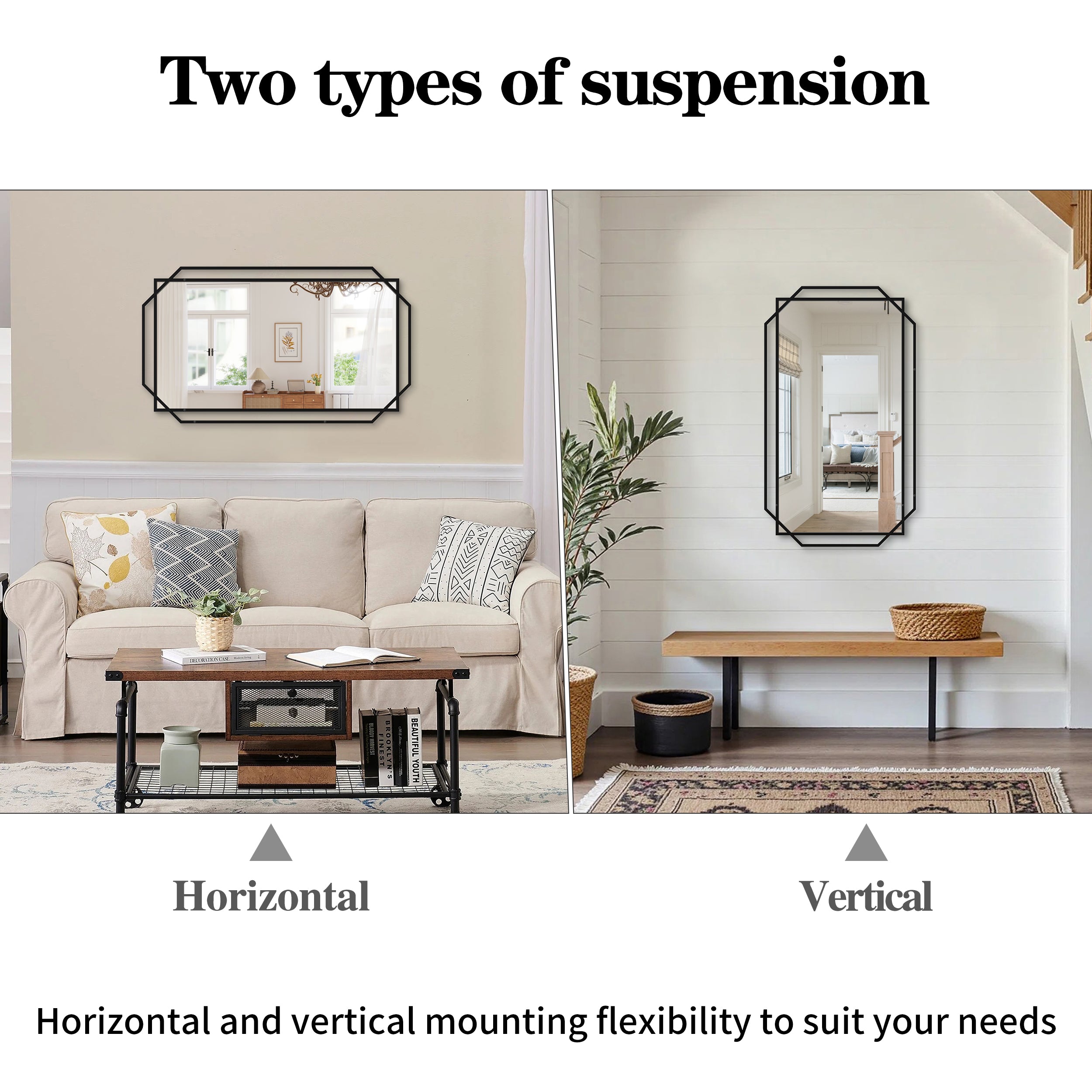 Black Metal Frame Bathroom Vanity Mirror with Multi-Tier Storage Shelf, 4 mm HD Wall Mirror, Horizontal or Vertical