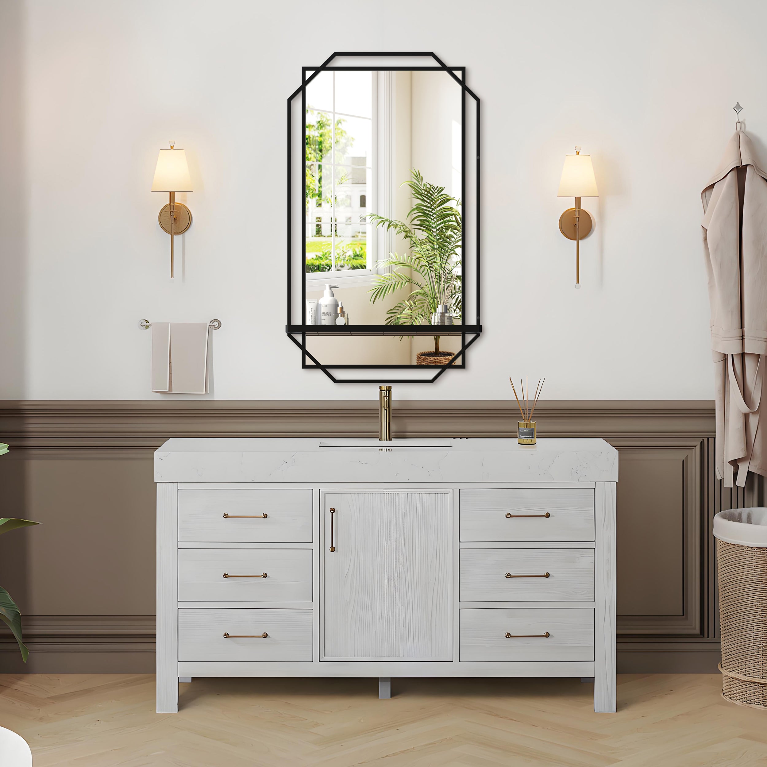 Black Metal Frame Bathroom Vanity Mirror with Multi-Tier Storage Shelf, 4 mm HD Wall Mirror, Horizontal or Vertical