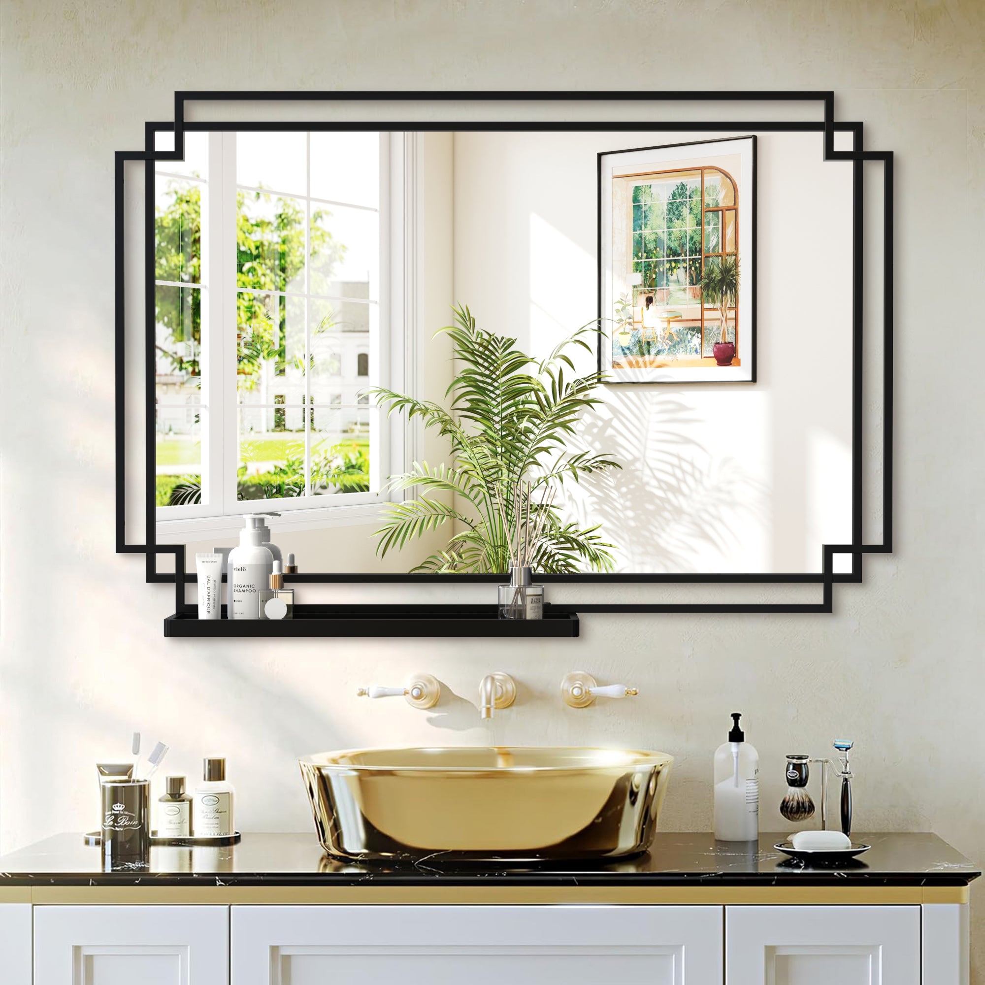 Black Metal Frame Bathroom Vanity Mirror with Multi-Tier Storage Shelf, 4 mm HD Wall Mirror, Horizontal or Vertical