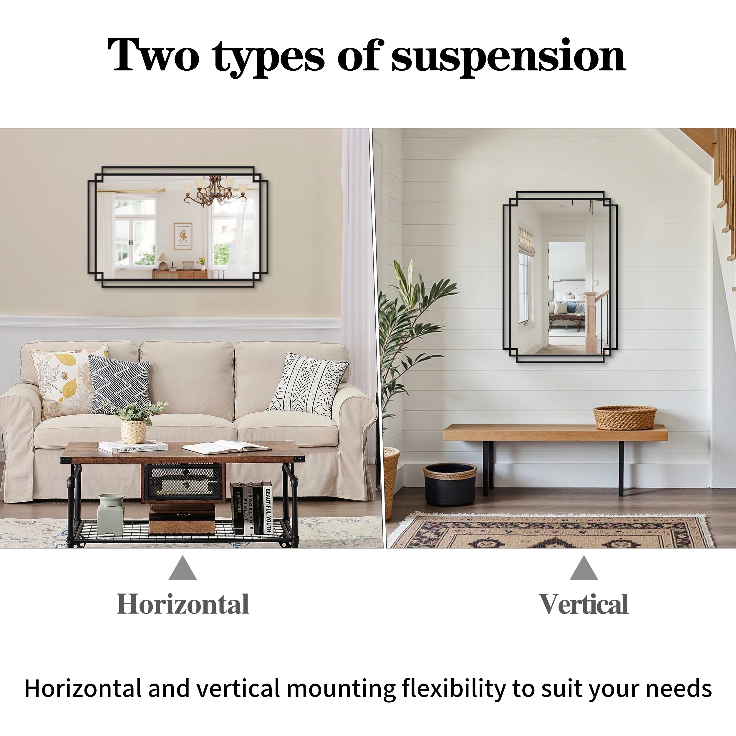 Black Metal Frame Bathroom Vanity Mirror with Multi-Tier Storage Shelf, 4 mm HD Wall Mirror, Horizontal or Vertical