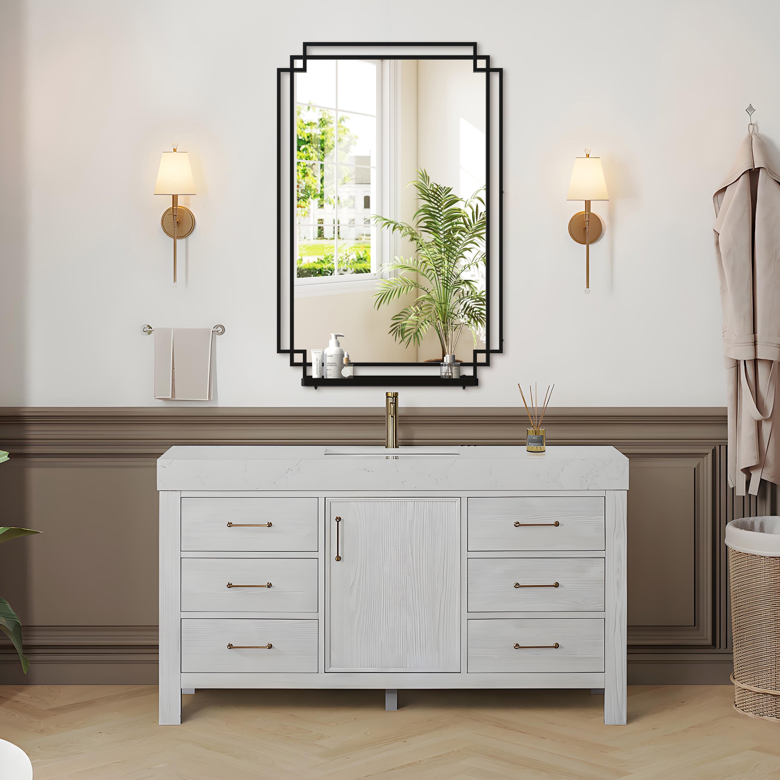 Black Metal Frame Bathroom Vanity Mirror with Multi-Tier Storage Shelf, 4 mm HD Wall Mirror, Horizontal or Vertical