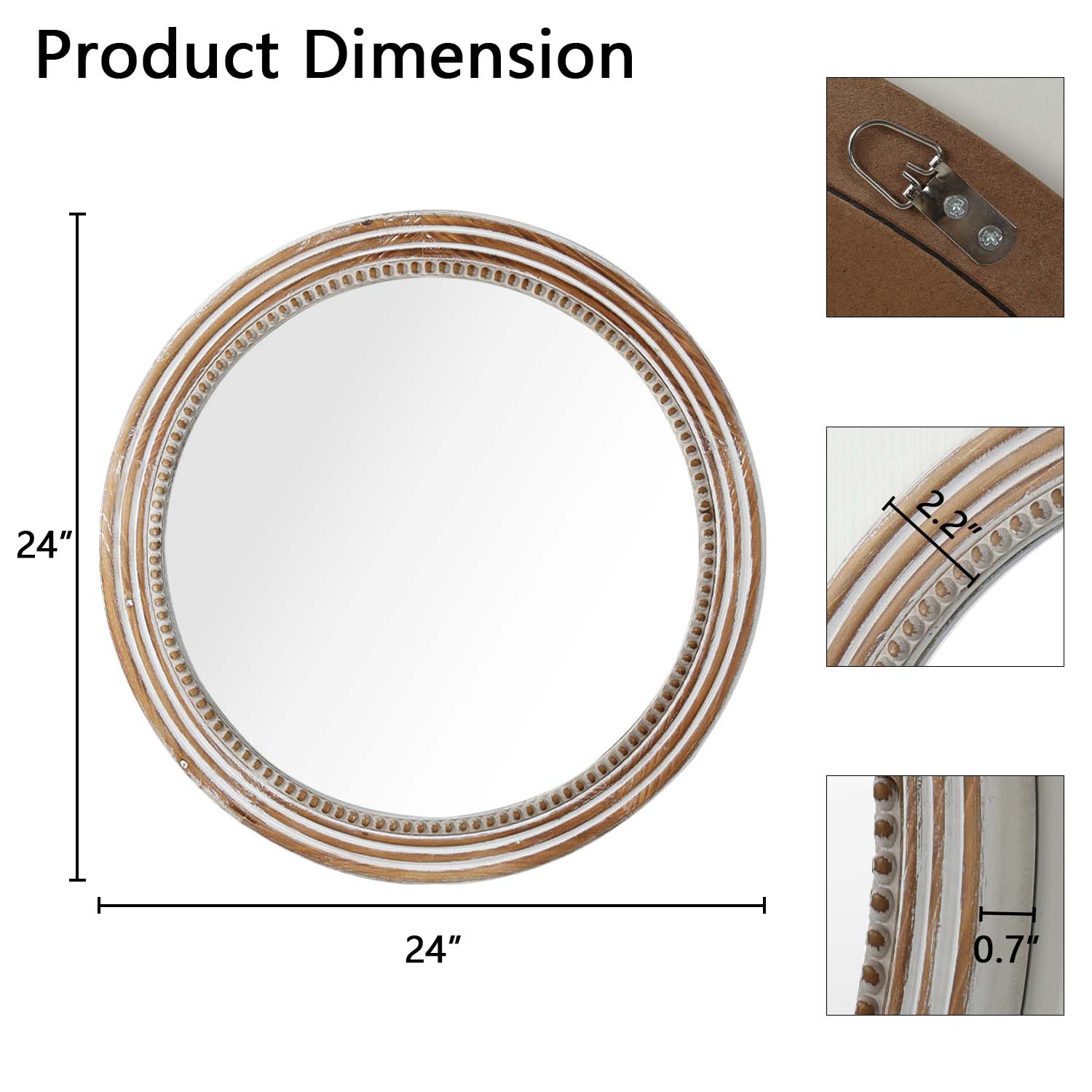 White Round Wood Wall Mirror with Beaded Frame, Rustic Farmhouse Decorative Accent Mirror for Living Room, Bedroom & Entryway