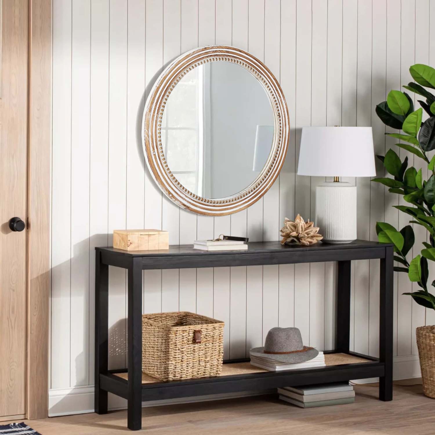 White Round Wood Wall Mirror with Beaded Frame, Rustic Farmhouse Decorative Accent Mirror for Living Room, Bedroom & Entryway