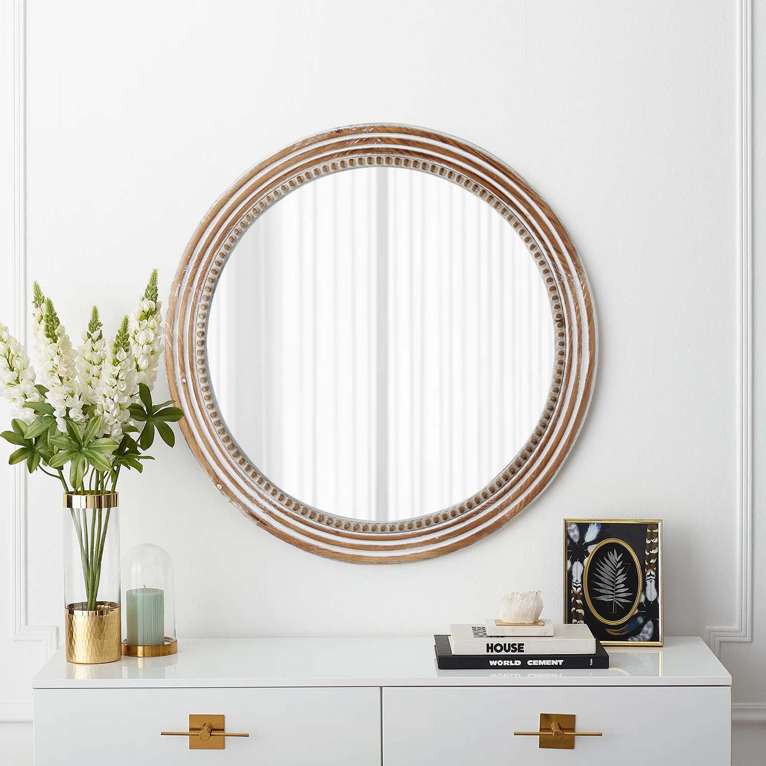 White Round Wood Wall Mirror with Beaded Frame, Rustic Farmhouse Decorative Accent Mirror for Living Room, Bedroom & Entryway