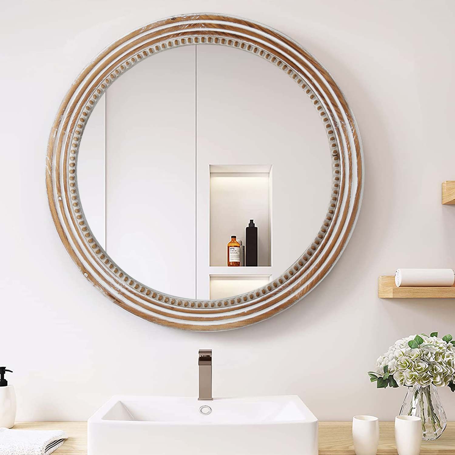 White Round Wood Wall Mirror with Beaded Frame, Rustic Farmhouse Decorative Accent Mirror for Living Room, Bedroom & Entryway