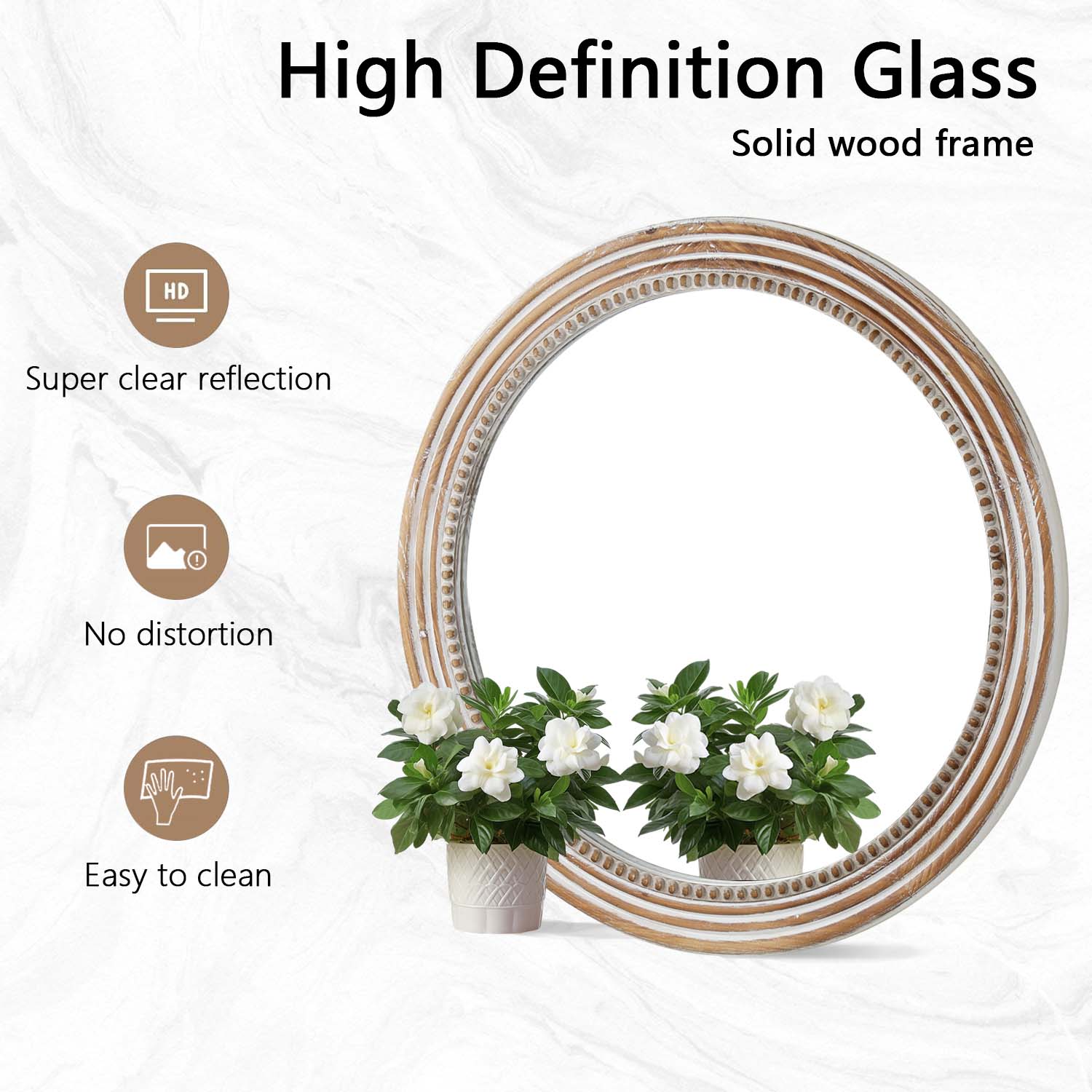 White Round Wood Wall Mirror with Beaded Frame, Rustic Farmhouse Decorative Accent Mirror for Living Room, Bedroom & Entryway