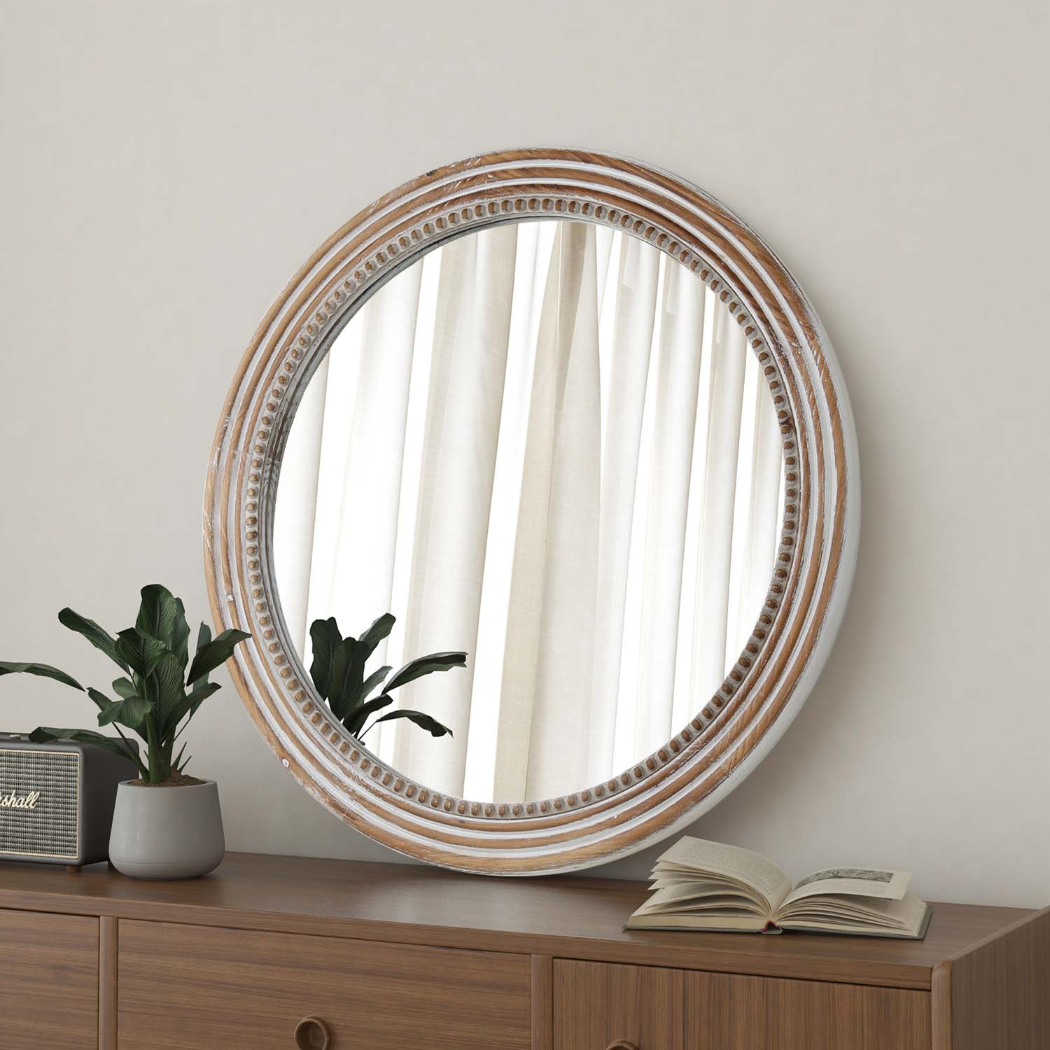White Round Wood Wall Mirror with Beaded Frame, Rustic Farmhouse Decorative Accent Mirror for Living Room, Bedroom & Entryway