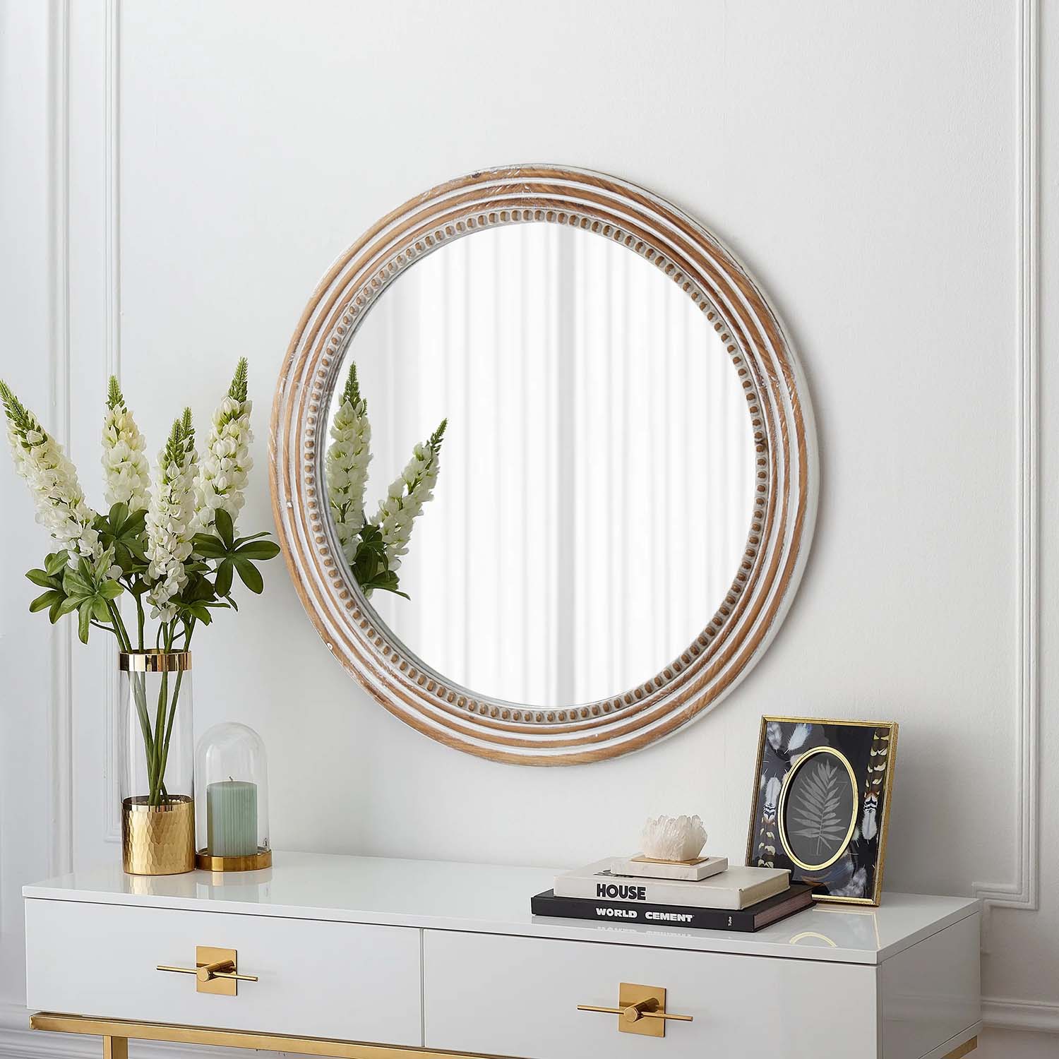 White Round Wood Wall Mirror with Beaded Frame, Rustic Farmhouse Decorative Accent Mirror for Living Room, Bedroom & Entryway