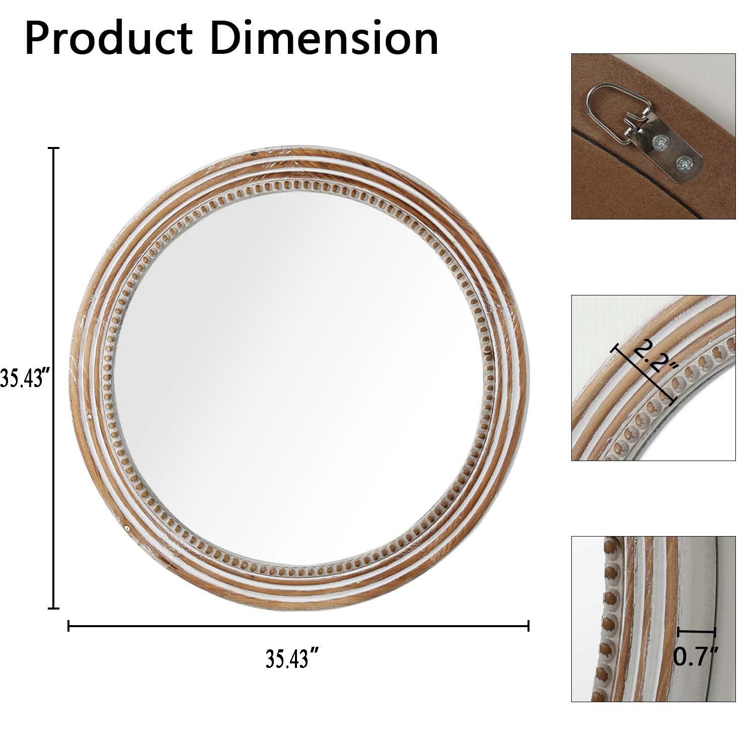 White Round Wood Wall Mirror with Beaded Frame, Rustic Farmhouse Decorative Accent Mirror for Living Room, Bedroom & Entryway