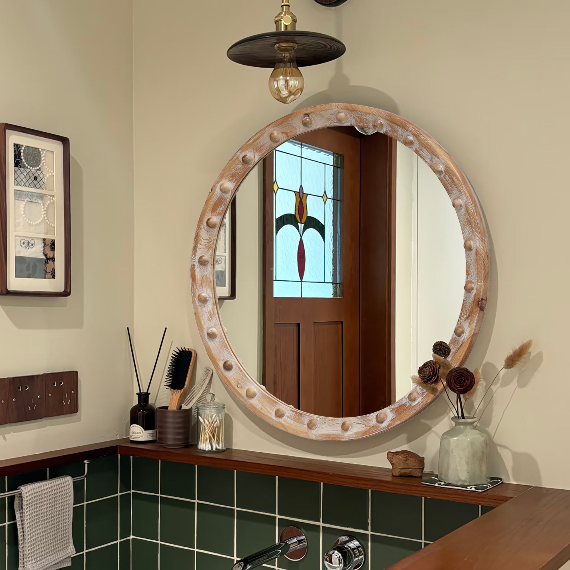 23.62 in. Round Distressed Wood Frame Wall Mirror with Rivet Detail, Rustic Farmhouse Decorative Mirror for Bathroom, Bedroom & Entryway