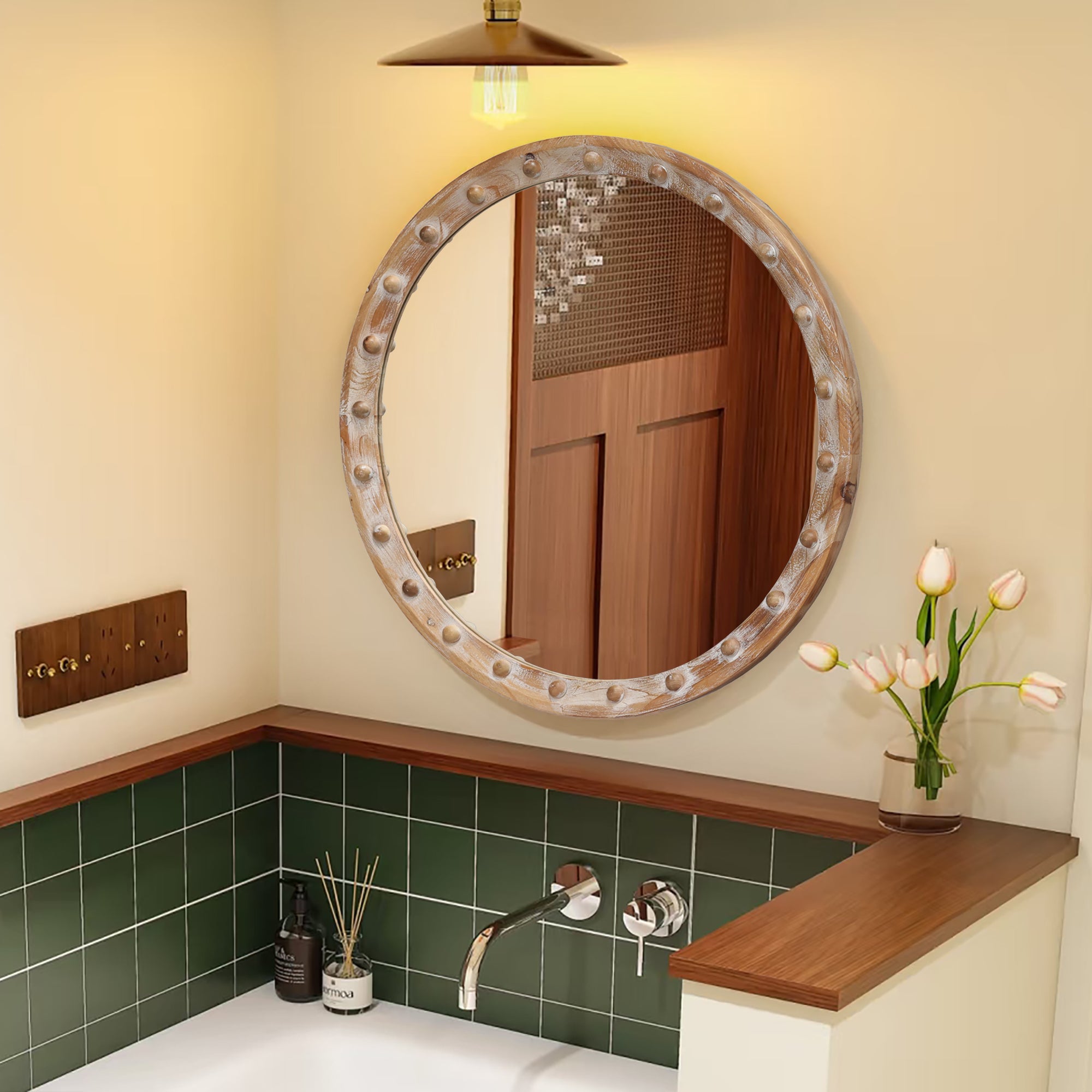 23.62 in. Round Distressed Wood Frame Wall Mirror with Rivet Detail, Rustic Farmhouse Decorative Mirror for Bathroom, Bedroom & Entryway